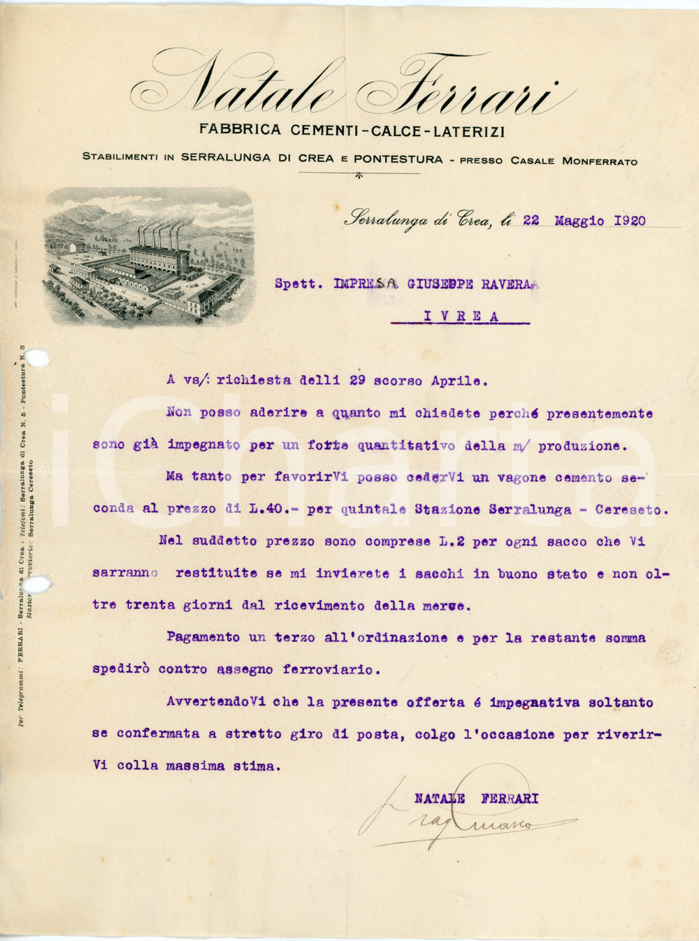 1920 SERRALUNGA DI CREA Natale FERRARI Fabbrica cementi - Lettera commerciale Lettera commerciale d'epoca, su carta intestata, dattiloscritta, illustrata. CONDIZIONI: POOR (piegature d'epoca, fori da classificatore al margine sinistro)PAGINE: 1    originale e autentica 1