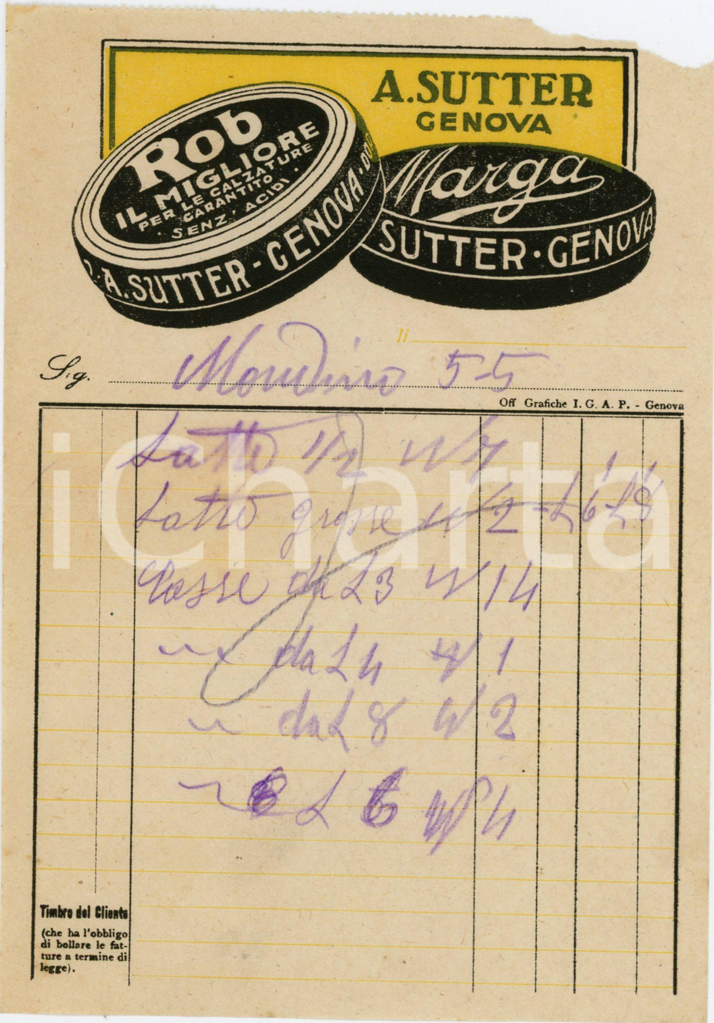 1920 ca GENOVA Ditta A. SUTTER Lucidi da scarpe ROB e MARGA - Fattura Fattura commerciale d'epoca, su carta intestata, manoscritta, illustrata. CONDIZIONI: POOR (piegature d'epoca, mancanza al margine superiore)PAGINE: 1    originale e autentica 1