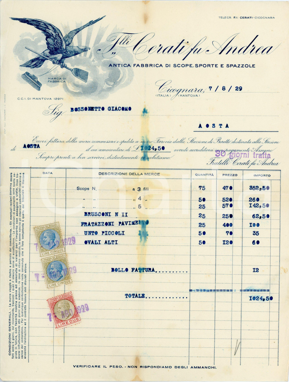 1929 CICOGNARA/ VIADANA - F.lli CERATI fu Andrea - Fabbrica di scope e spazzole Fattura commerciale d'epoca, a stampa con inserti manoscritti, su carta intestata.Presenti marche da bollo.CONDIZIONI: POOR (piegature d'epoca, aloni e macchie diffuse)PAGINE: 1    originale e autentica 1