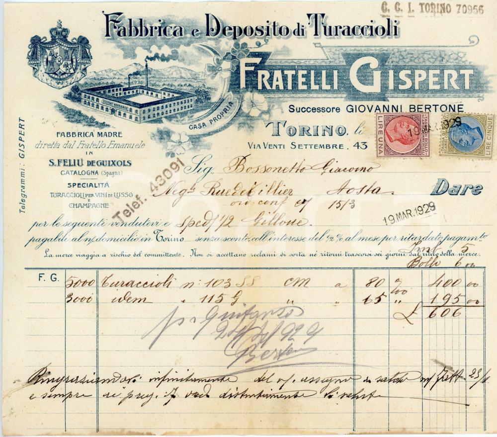 1929 TORINO Fratelli GISPERT Fabbrica e deposito di turaccioli - Fattura Fattura commerciale d'epoca, a stampa con inserti manoscritti, su carta intestata.Presente marche da bollo.CONDIZIONI: POOR (piegature d'epoca, strappi ai margini, bruniture diffuse)PAGINE: 1    originale e autentica 1
