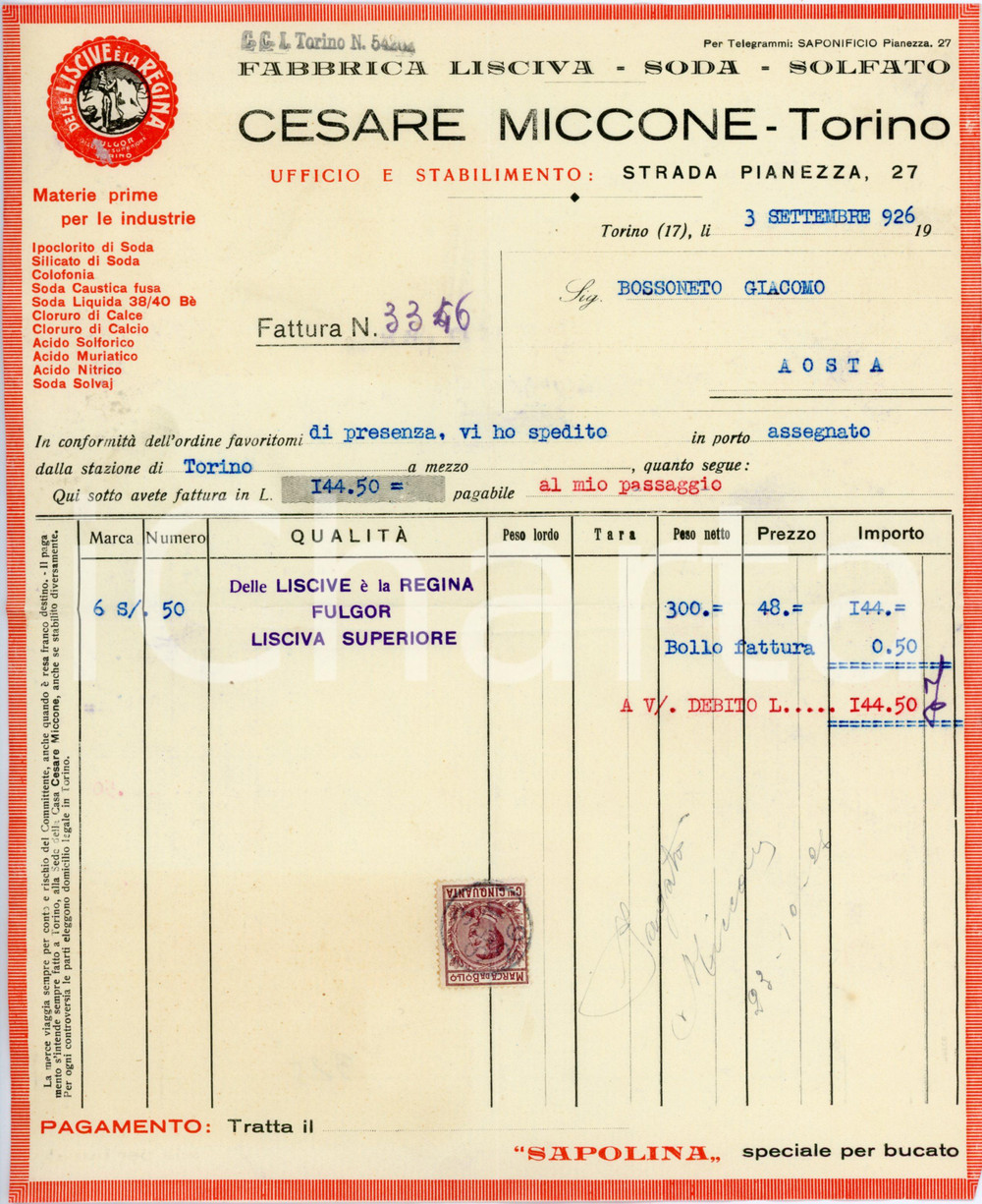 1926 TORINO Ditta Cesare MICCONE Fabbrica lisciva FULGOR Fattura Fattura commerciale d'epoca, su carta intestata, manoscritta, illustrata. CONDIZIONI: FAIR (piegature d'epoca)PAGINE: 1    originale e autentica 1