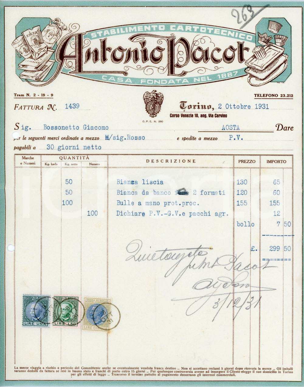 1931 TORINO Antonio PACOT Stabilimento cartotecnico - Fattura Fattura commerciale d'epoca, su carta intestata, dattiloscritta, illustrata. CONDIZIONI: FAIR (piegature d'epoca)PAGINE: 1    originale e autentica 1