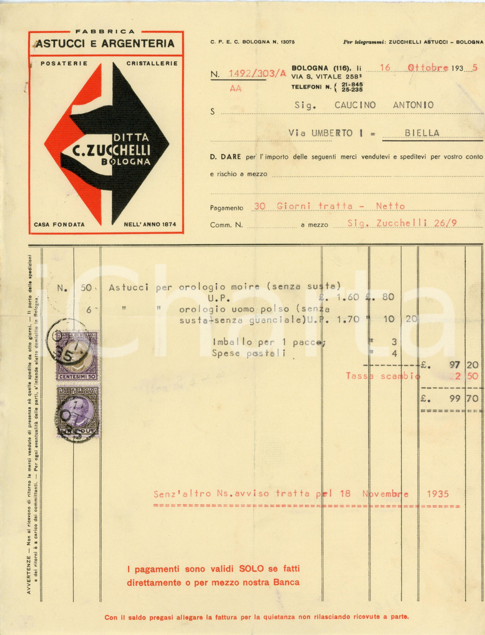 1935 BOLOGNA Ditta C. ZUCCHELLI Fabbrica astucci e argenteria - Fattura Fattura commerciale d'epoca, su carta intestata, dattiloscritta, illustrata.CONDIZIONI: FAIR (piegature d'epoca, lievi strappi al margine destro)PAGINE: 1    originale e autentica 1
