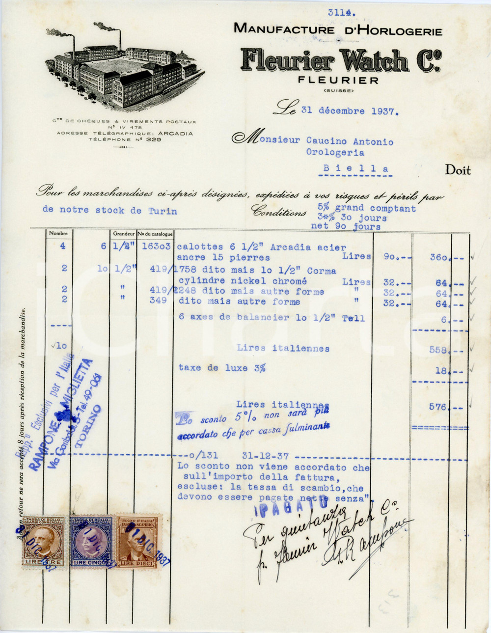 1937 SUISSE - FLEURIER WATCH Manufacture d'horlogerie - Fattura intestata Fattura commerciale d'epoca, su carta intestata, dattiloscritta, illustrata.CONDIZIONI: FAIR (piegature d'epoca)PAGINE: 1    originale e autentica 1