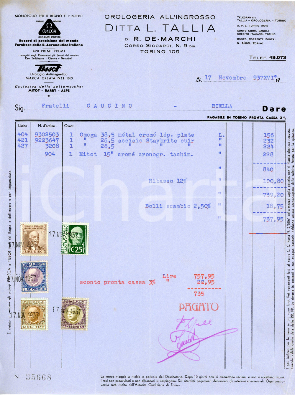 1937 TORINO Orologeria Ditta L. TALLIA Acquisto orologi OMEGA e MITOT - Fattura Fattura commerciale d'epoca, su carta intestata, dattiloscritta.CONDIZIONI: FAIR (piegature d'epoca, lievi bruniture all'angolo superiore sinistro)PAGINE: 1    originale e autentica 1