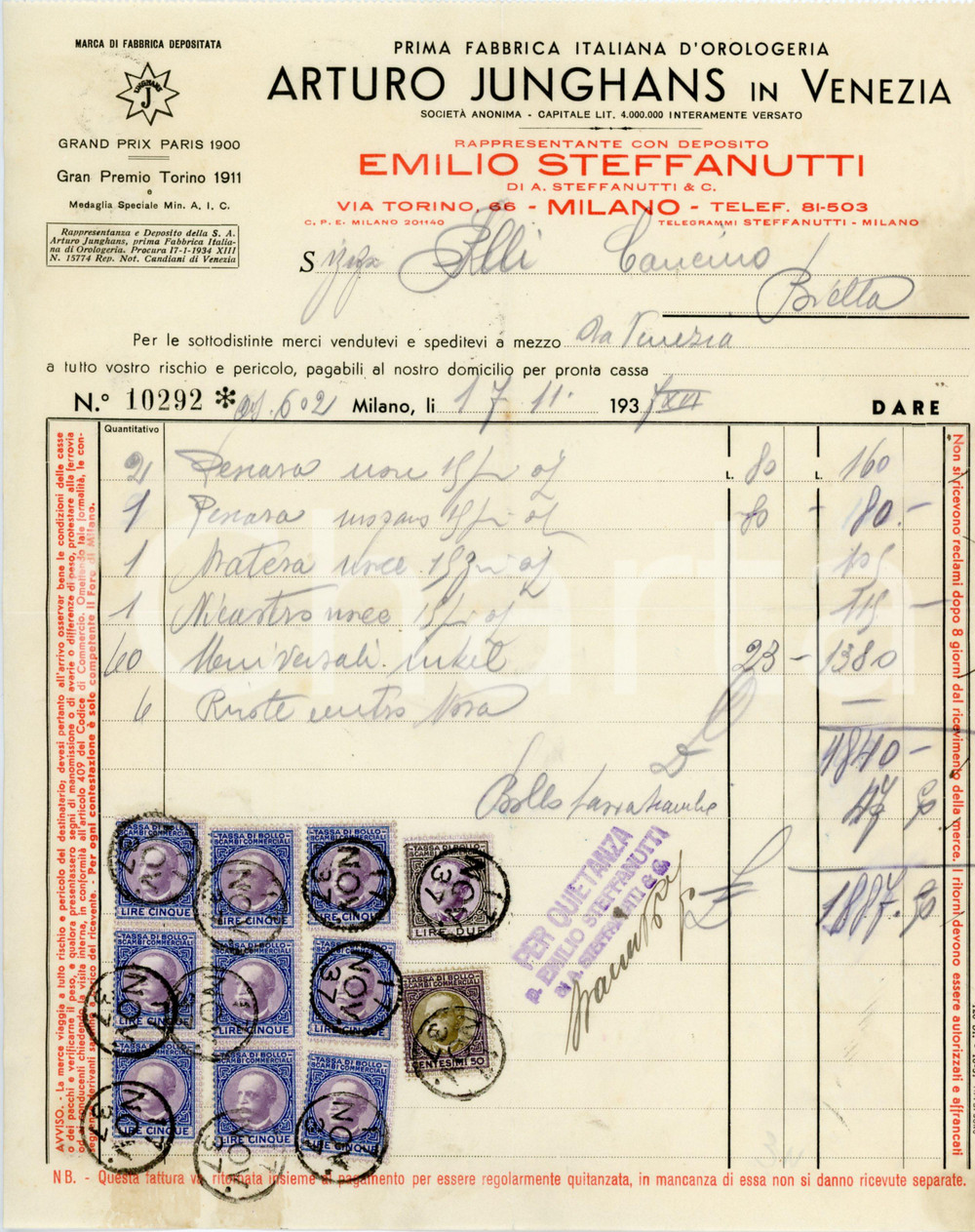 1937 VENEZIA Arturo JUNGHANS Prima fabbrica italiana d'orologeria - Fattura Fattura commerciale d'epoca, su carta intestata, manoscritta.CONDIZIONI: FAIR (piegature d'epoca, piccoli strappi e piegature al margine destro)PAGINE: 1    originale e autentica 1