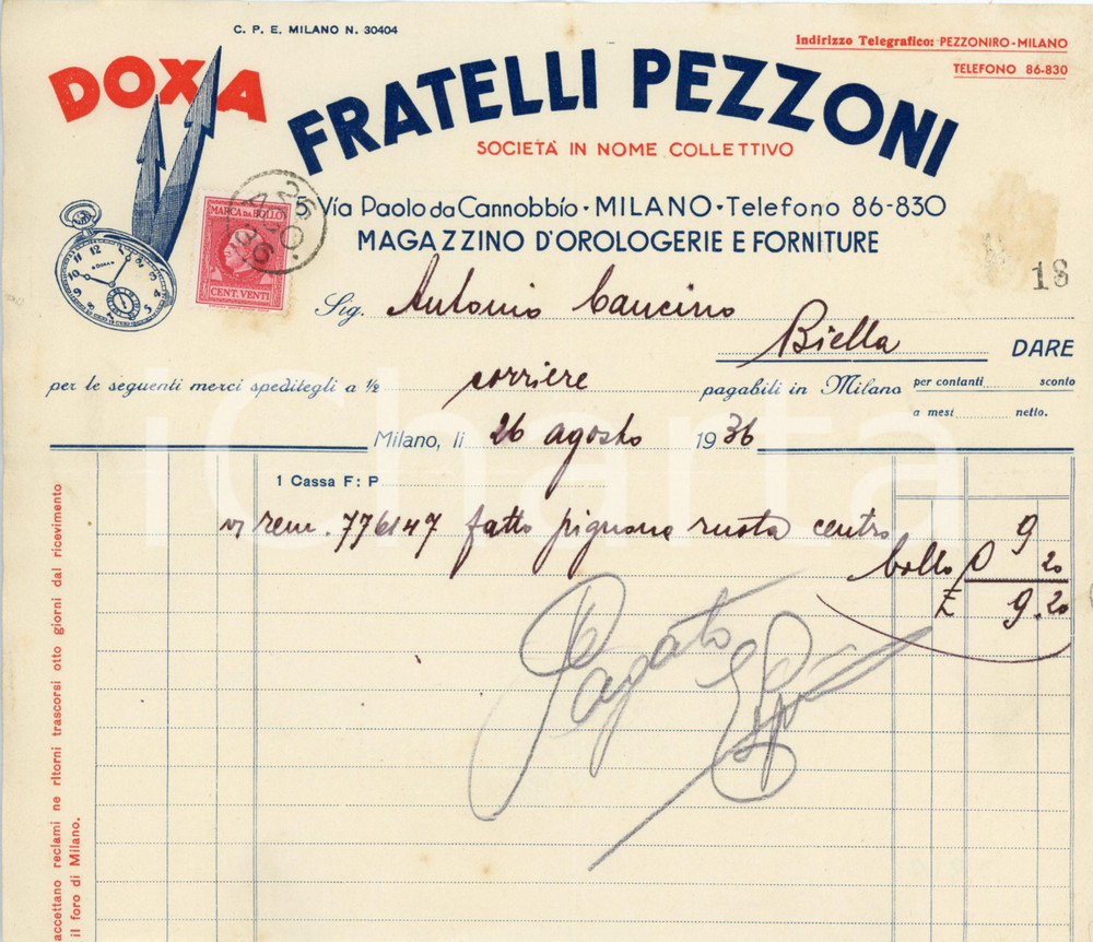1936 MILANO Fratelli PEZZONI Magazzino d'orologeria DOXA - Fattura intestata Fattura commerciale d'epoca, su carta intestata, manoscritta.CONDIZIONI: POOR (piegature d'epoca, lievi piegature agli angoli e bruniture diffuse. Taglio d'epoca della parte inferiore del documento)PAGINE: 1    originale e autentica 1