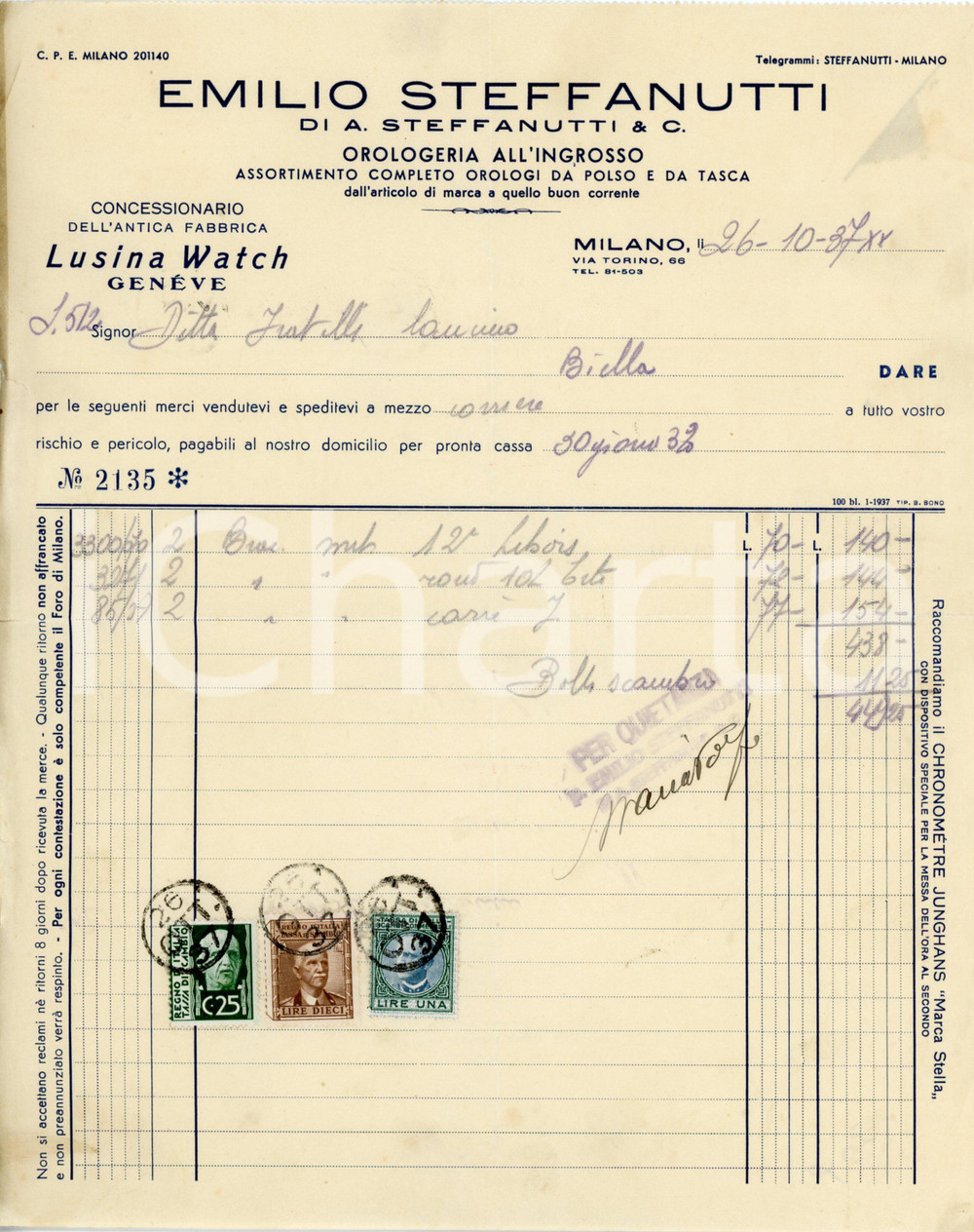 1937 MILANO Orologeria Emilio STEFFANUTTI Concessionario LUSINA WATCH Fattura Fattura commerciale d'epoca, su carta intestata, manoscritta.CONDIZIONI: FAIR (piegature d'epoca, strappi e bruniture al margine sinistro)PAGINE: 1    originale e autentica 1