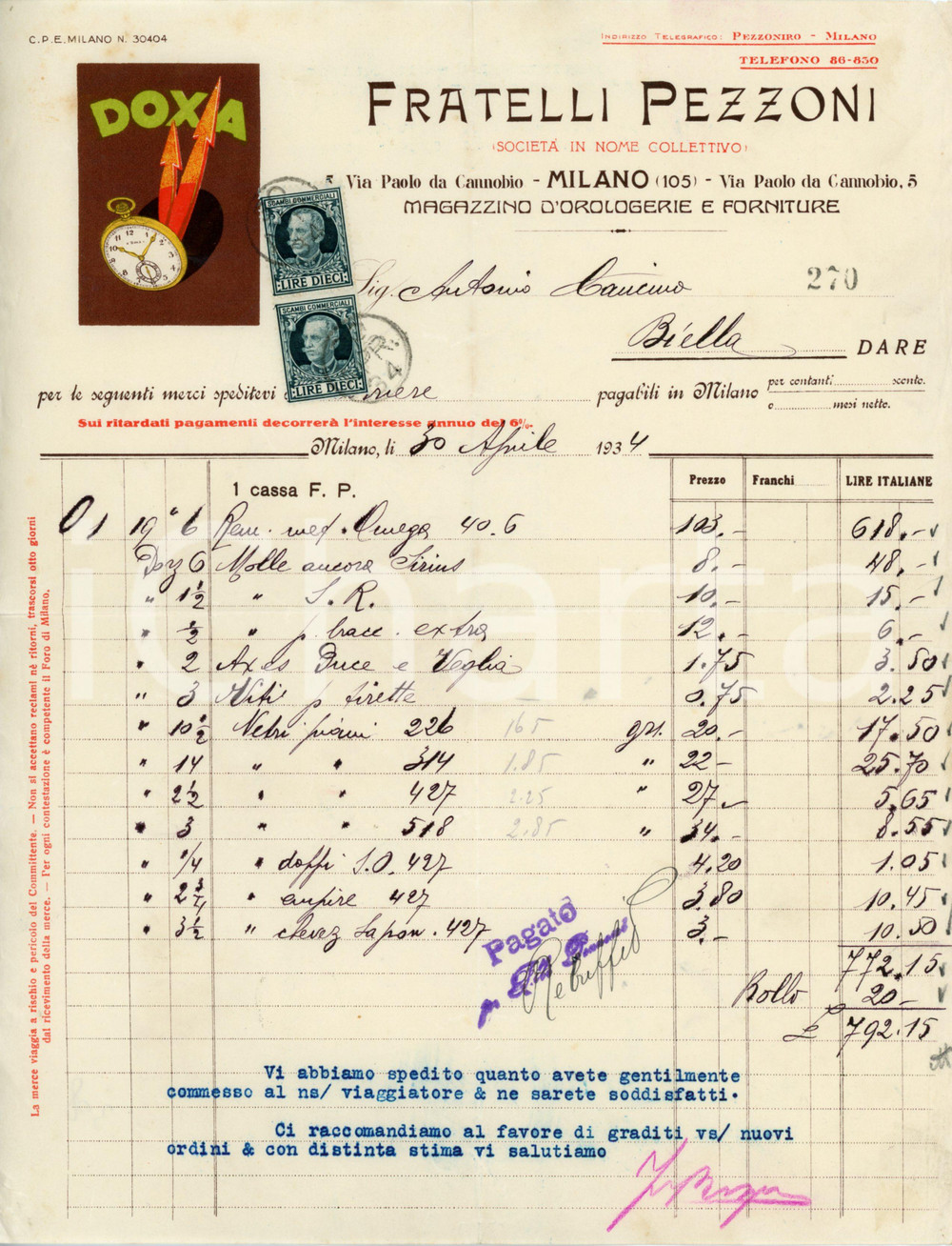 1934 MILANO Fratelli PEZZONI Magazzino d'orologeria DOXA - Fattura intestata Fattura commerciale d'epoca, su carta intestata, manoscritta.CONDIZIONI: FAIR (piegature d'epoca, piegature agli angoli)PAGINE: 1    originale e autentica 1