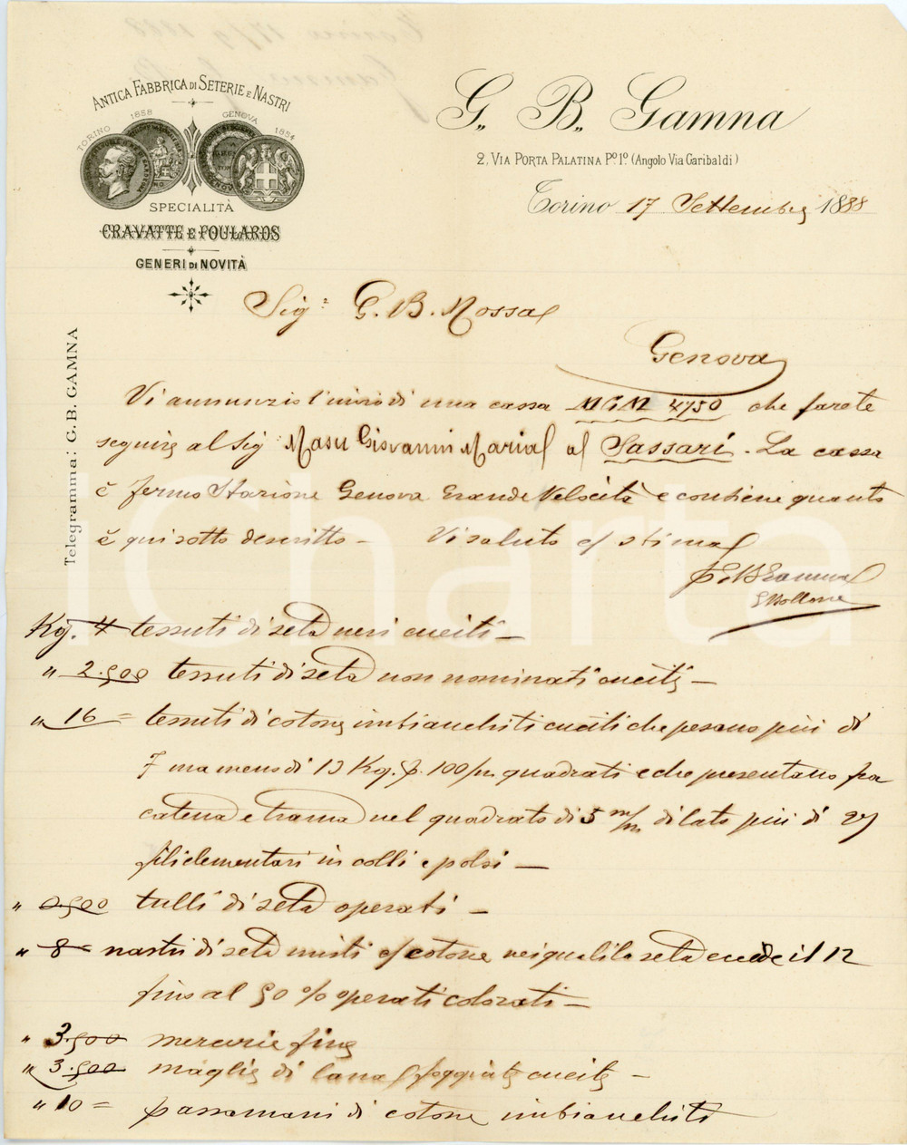 1888 TORINO Fabbrica di seterie e nastri G. B. GAMMA - Lettera commerciale Lettera commerciale d'epoca, su carta intestata, manoscritta.CONDIZIONI: FAIR (piegature d'epoca, strappi)PAGINE: 1    originale e autentica 1