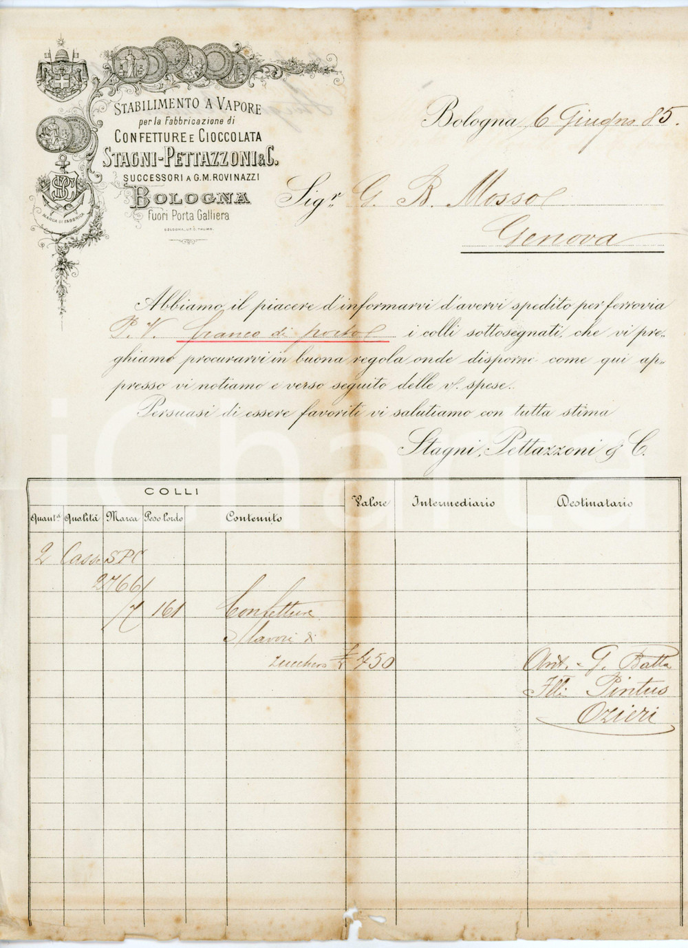 1885 BOLOGNA Stabilimento confetture e cioccolata STAGNI - PETAZZONI Fattura Fattura commerciale d'epoca, su carta intestata, manoscritta.CONDIZIONI: POOR (piegature d'epoca, strappi e mancanze al margine inferiore, bruniture diffuse)PAGINE: 1    originale e autentica 1