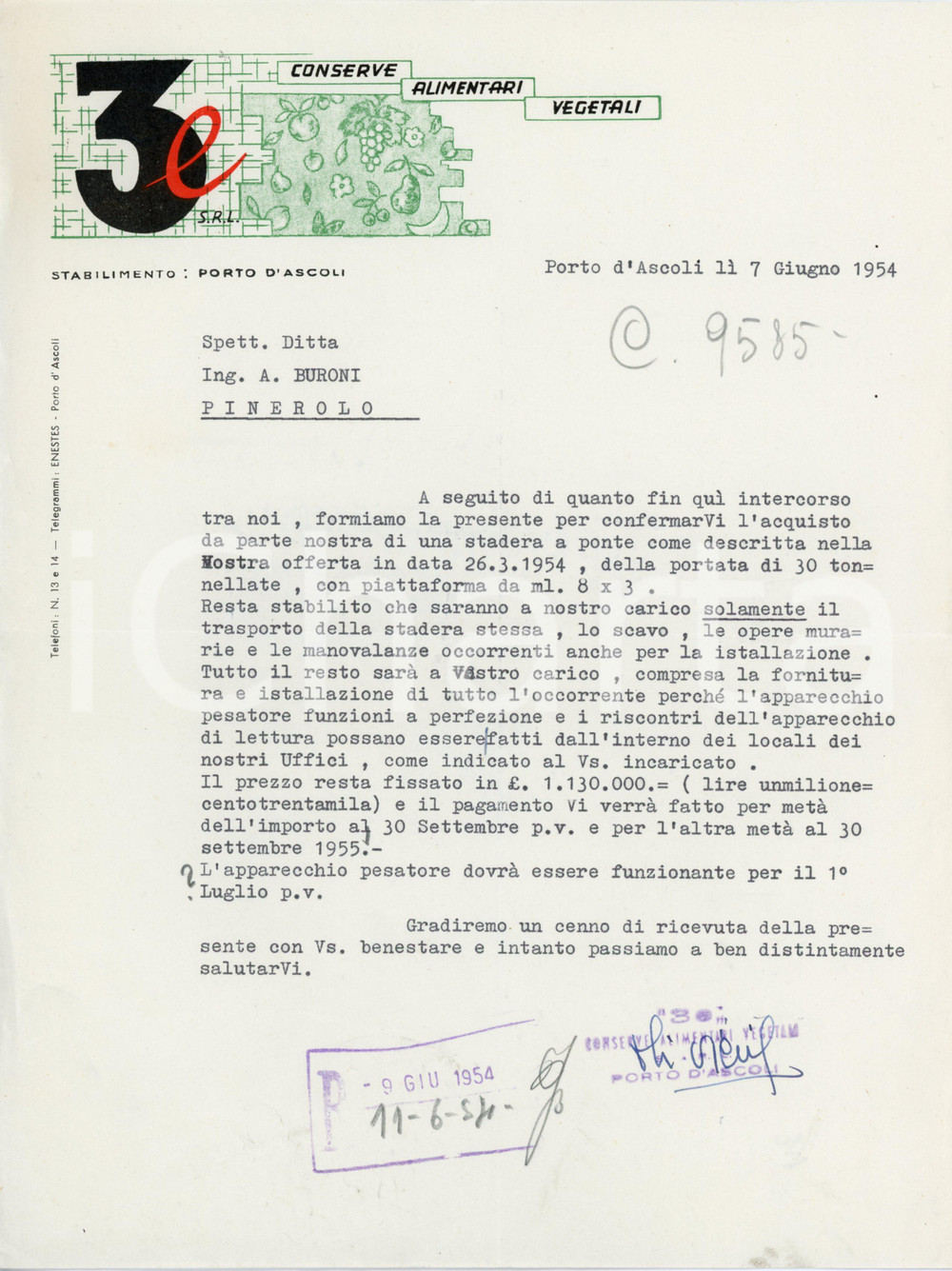 1954 PORTO D'ASCOLI Stabilimento 3e - Conserve alimentari - Lettera commerciale Lettera commerciale d'epoca, su carta intestata, dattiloscritta. CONDIZIONI: FAIR (piegature d'epoca)PAGINE: 1    originale e autentica 1