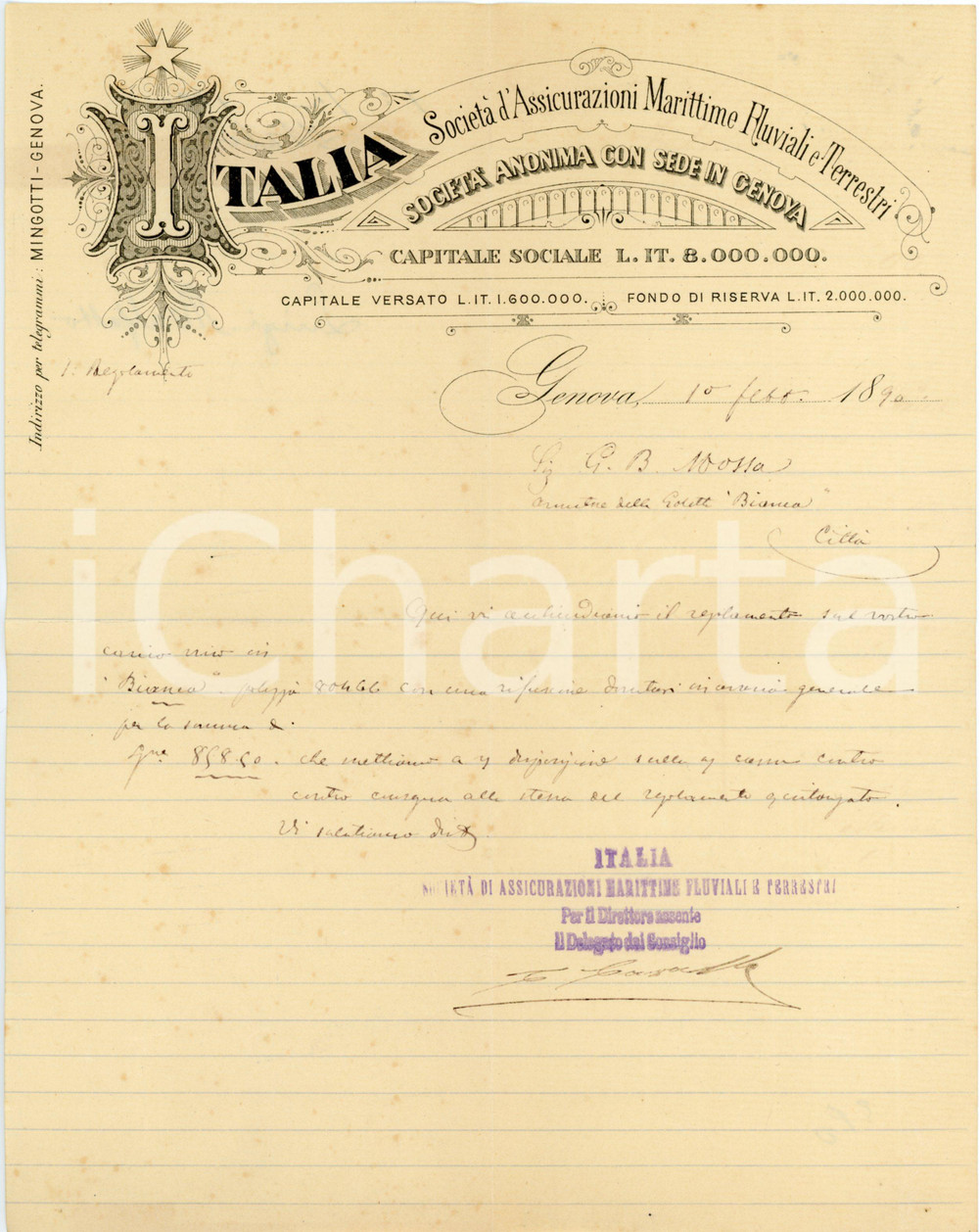1890 GENOVA Società d'assicurazioni marittime ITALIA Lettera commerciale Lettera commerciale d'epoca, su carta intestata, manoscritta, illustrata. CONDIZIONI: FAIR (piegature d'epoca)PAGINE: 1    originale e autentica 1