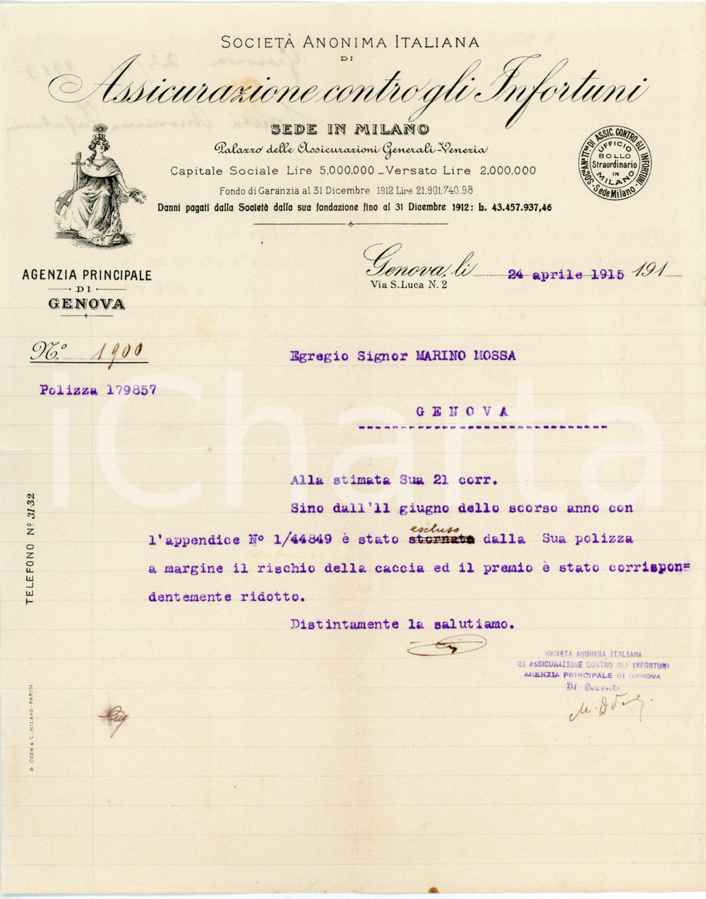 1915 GENOVA Assicurazione contro infortuni - Riduzione premio per rischio caccia Lettera commerciale d'epoca, su carta intestata, dattiloscritta.CONDIZIONI: FAIR (piegature d'epoca)PAGINE: 1    originale e autentica 1