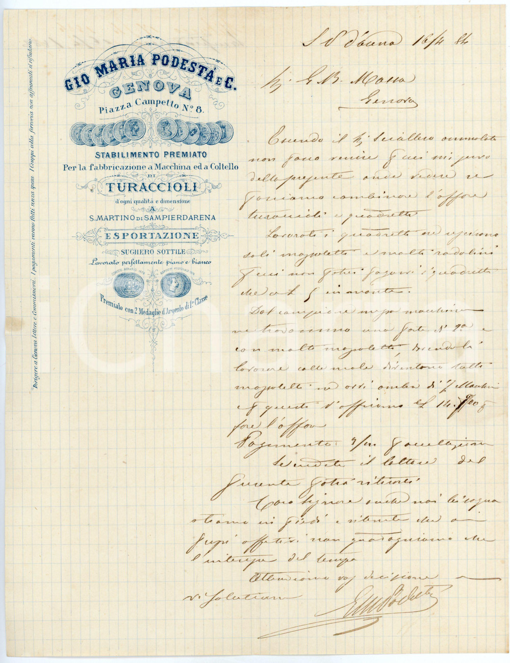 1884 GENOVA Gio Maria PODESTÀ Stabilimento di turaccioli - Lettera commerciale Lettera commerciale d'epoca, su carta intestata, manoscritta.CONDIZIONI: FAIR (piegature d'epoca)PAGINE: 1    originale e autentica 1