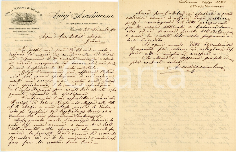 1890 CATANIA Luigi ARCIDIACONO Agenzia generale spedizioni - Lettera commerciale Lettera commerciale d'epoca, su carta intestata, manoscritta.CONDIZIONI: FAIR (piegature d'epoca)PAGINE: 1    originale e autentica 1