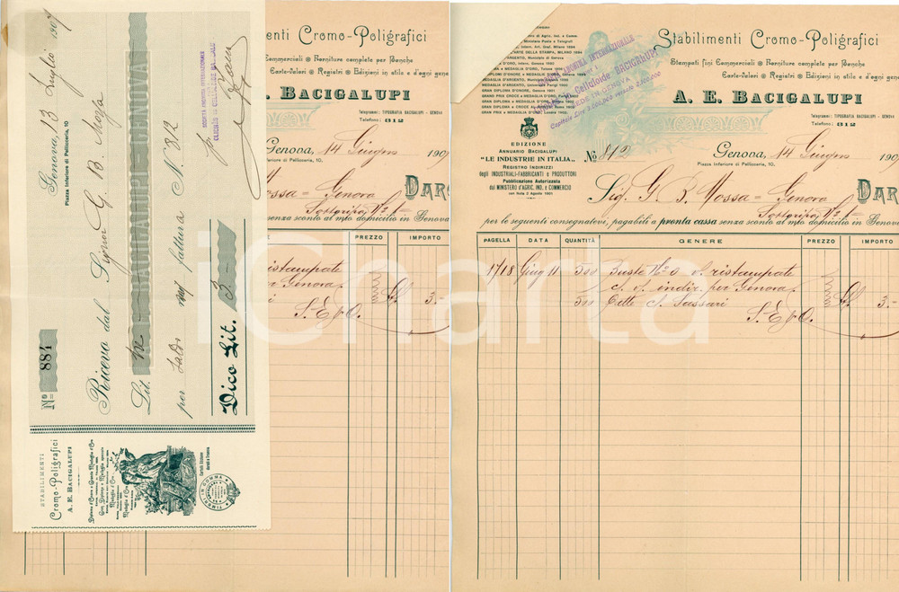1907 GENOVA - BACIGALUPI Stabilimenti Cromo-Poligrafici - Fattura con ricevuta Fattura commerciale d'epoca, su carta intestata, manoscritta, illustrata. Con ricevuta di pagamento.CONDIZIONI: POOR (piegature d'epoca, strappi ai margini)PAGINE: 1    originale e autentica 1
