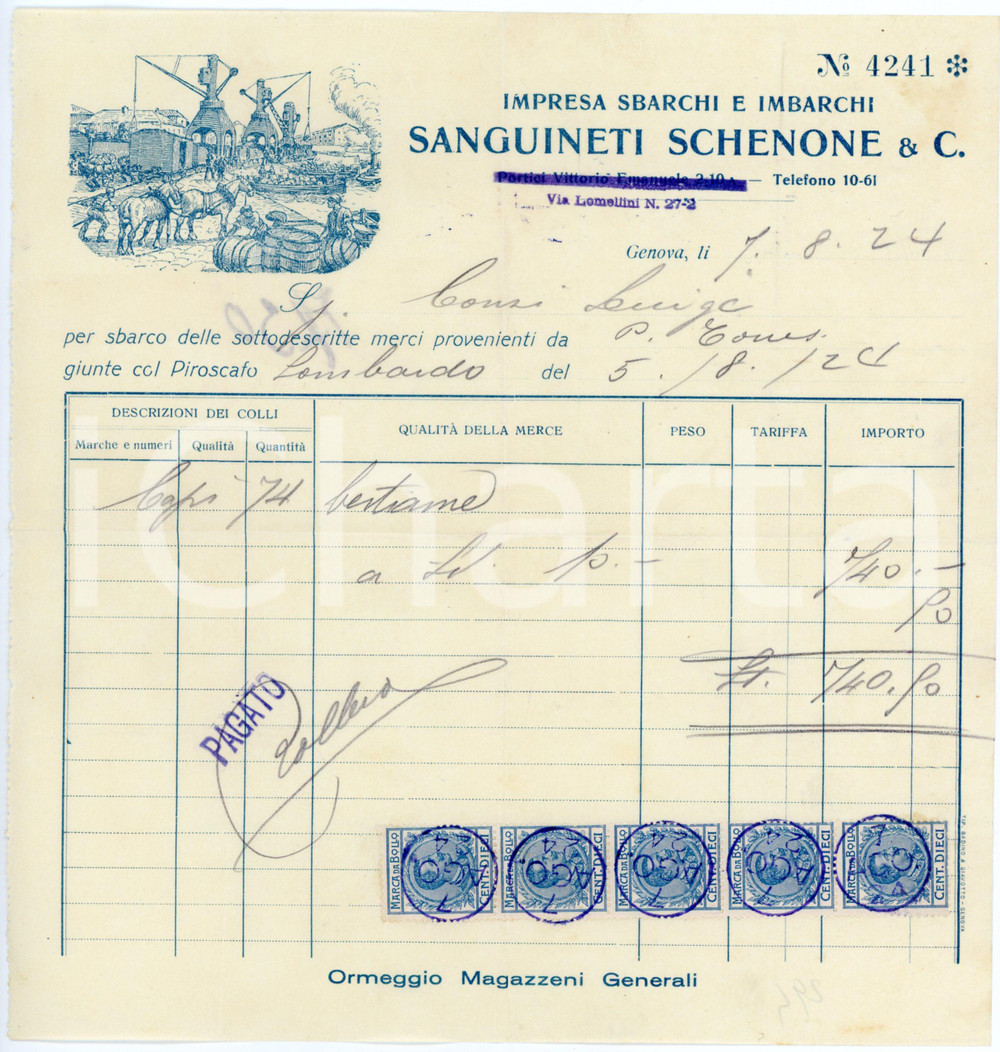 1924 GENOVA Schenone SANGUINETI & C. Impresa sbarchi e imbarchi - Fattura Fattura commerciale d'epoca, su carta intestata, manoscritta, illustrata. CONDIZIONI: FAIR (piegature d'epoca)PAGINE: 1    originale e autentica 1
