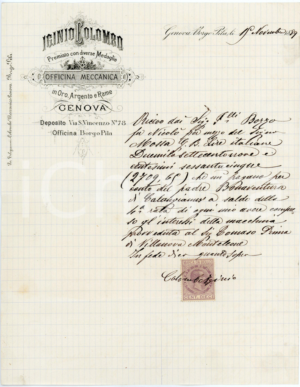 1889 GENOVA - BORGO PILA Iginio COLOMBO Officina meccanica - Lettera commerciale Lettara commerciale d'epoca, su carta intestata, manoscritta.CONDIZIONI: FAIR (piegature d'epoca)PAGINE: 1    originale e autentica 1