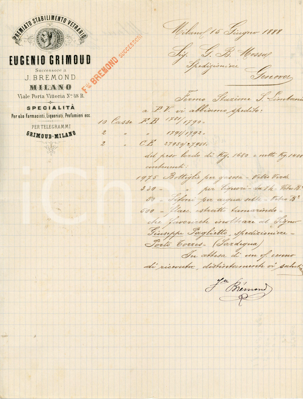 1888 MILANO Vetreria Eugenio GRIMOUD Fratelli BREMOND Lettera commerciale Lettara commerciale d'epoca, su carta intestata, manoscritta.CONDIZIONI: FAIR (piegature d'epoca)PAGINE: 1    originale e autentica 1