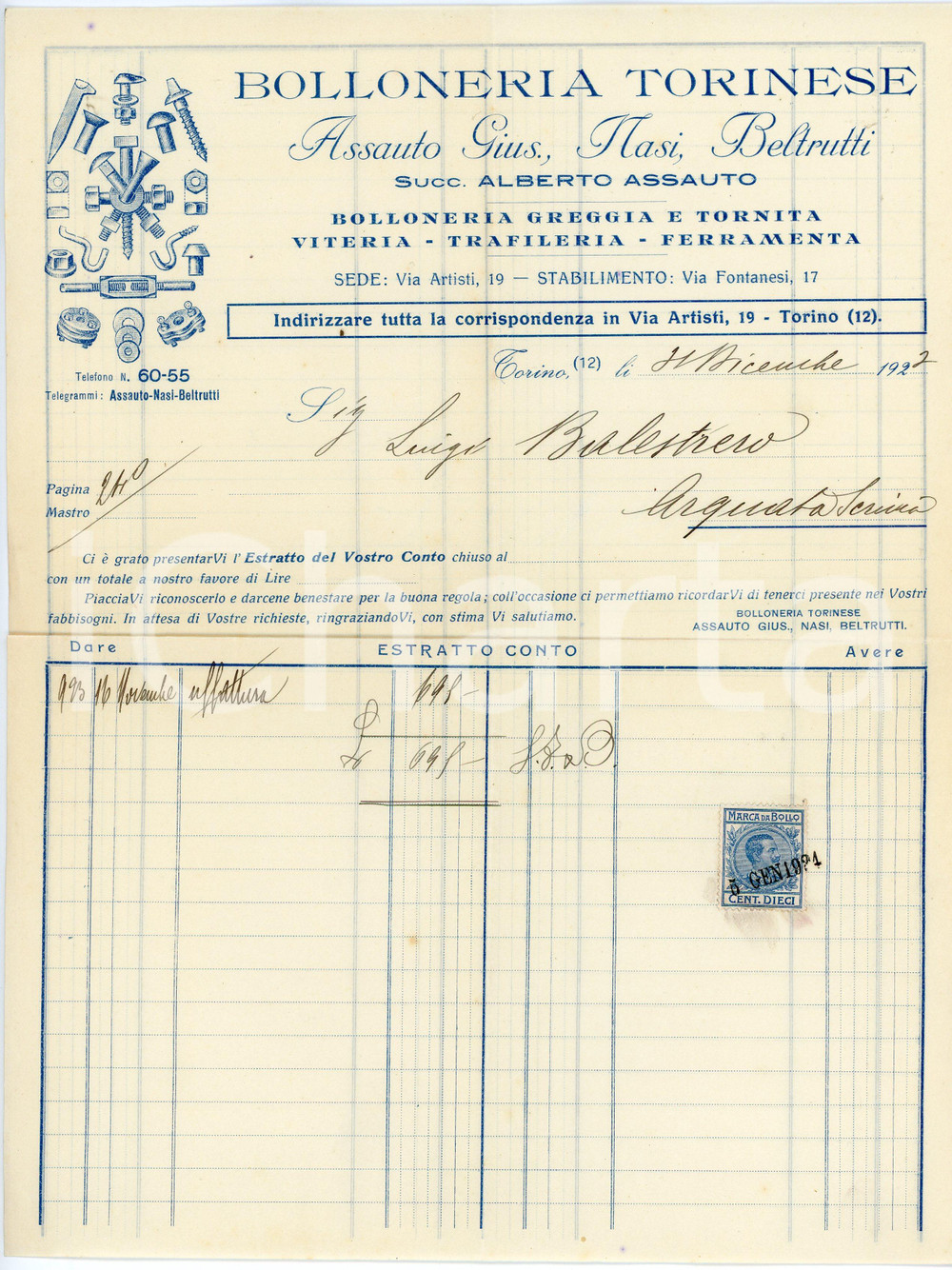 1924 TORINO - ASSAUTO, NASI, BELTRUTTI - Bolloneria Torinese *Fattura Fattura commerciale d'epoca, manoscritta, su carta intestata.Torino - via Artisti 19.Presente marca da bollo.PAGINE: 1 FAIR/discreto piegature d'epoca  originale e autentica 1