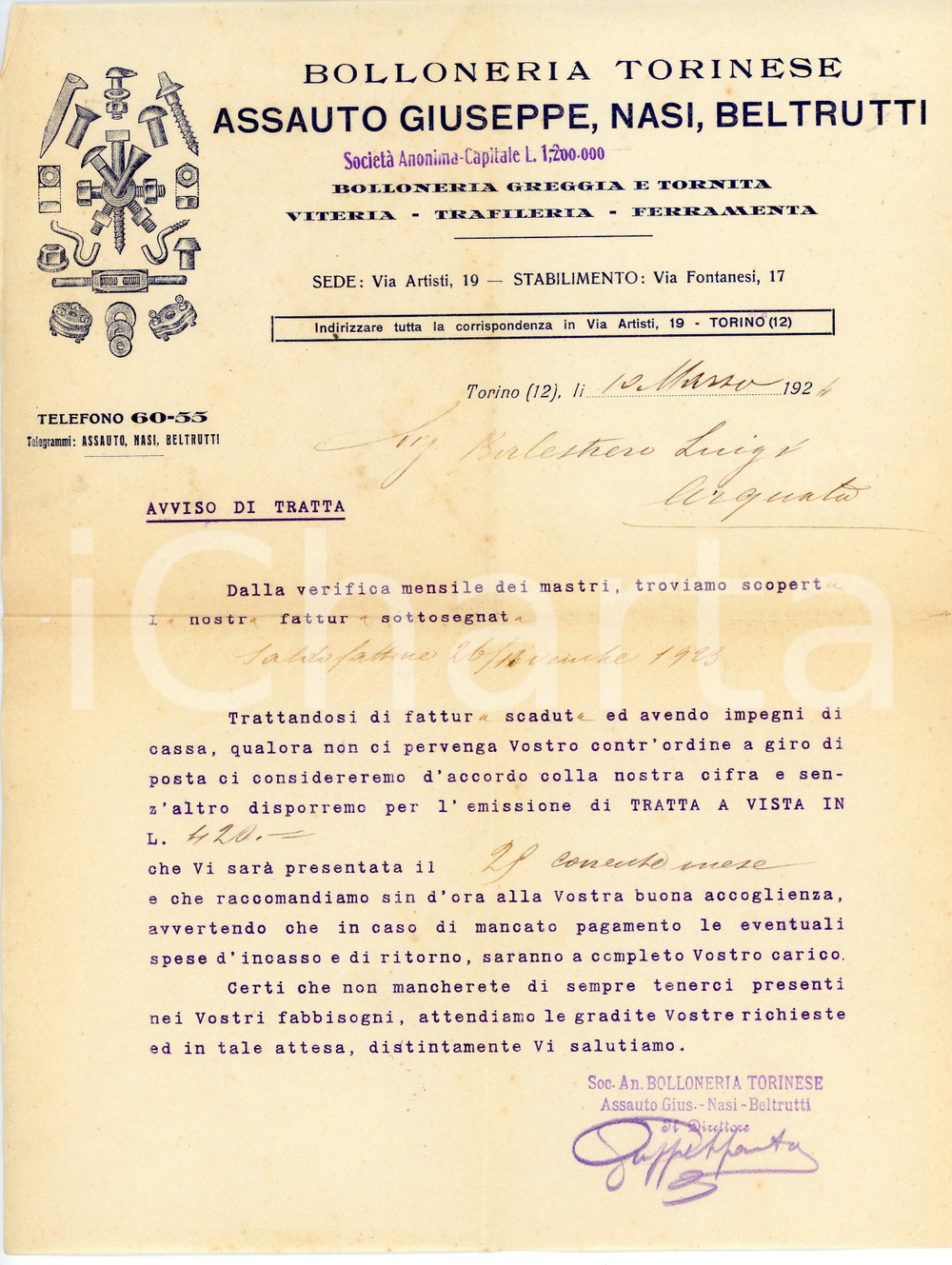 1924 TORINO - ASSAUTO, NASI, BELTRUTTI - Bolloneria Torinese - Avviso di tratta Lettera commerciale d'epoca (avviso di tratta), dattiloscritta, su carta intestata.Torino - via Artisti 19PAGINE: 1 FAIR/discreto piegature d'epoca  originale e autentica 1