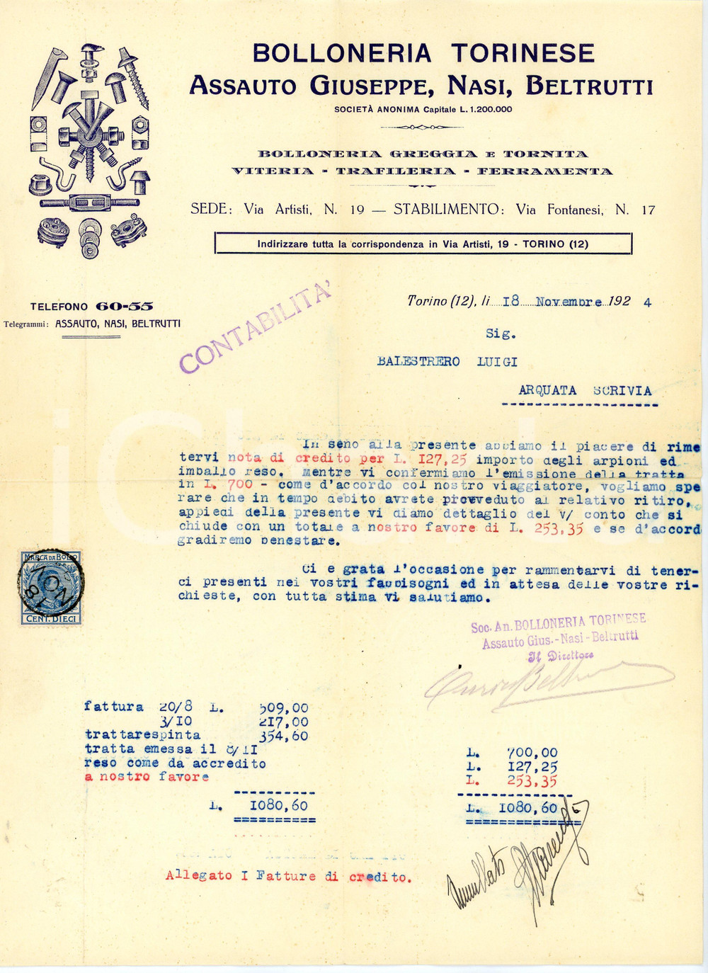 1924 TORINO - ASSAUTO, NASI, BELTRUTTI - Bolloneria Torinese *Lettera Lettera commerciale d'epoca, dattiloscritta, su carta intestata.Marca da bollo.CONDIZIONI: F (piegature d'epoca).PAGINE: 1    originale e autentica 1