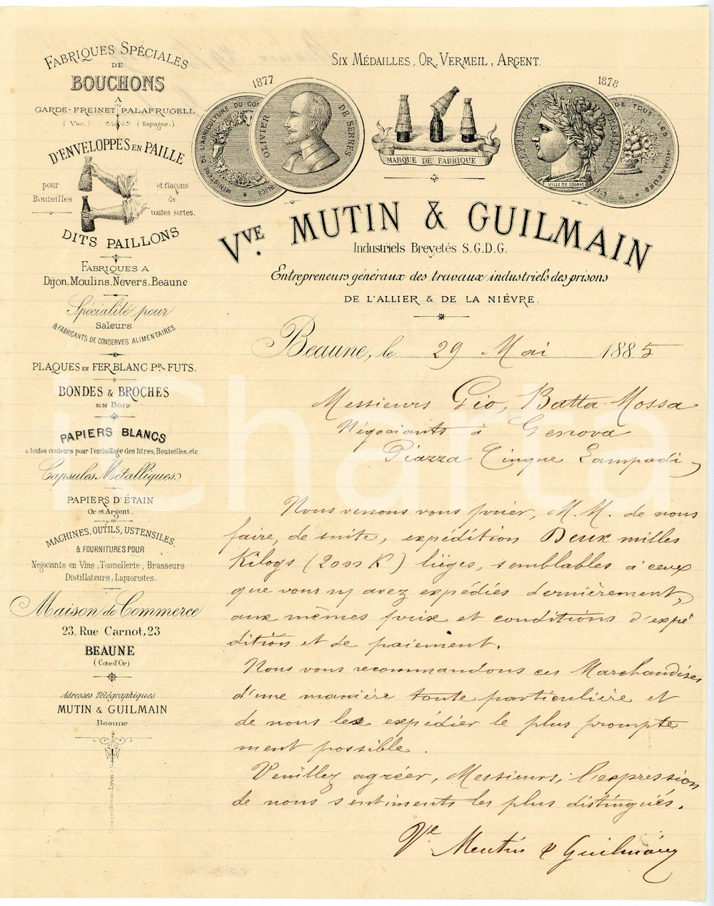 1885 BEAUNE Veuve MUTIN & GUILMAIN - Travaux industriels des prisons *Lettre Lettera commerciale d'epoca, manoscritta, su pregevole carta intestata.CONDIZIONI: F (piegature d'epoca).PAGINE: 1    originale e autentica 1