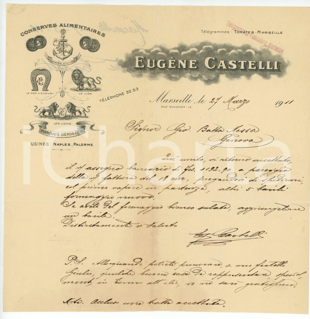 Documento originale, autentico 1911 MARSEILLE   EugÃ¨ne CASTELLI  Conserves Alimentaires  Lettera commerciale 1