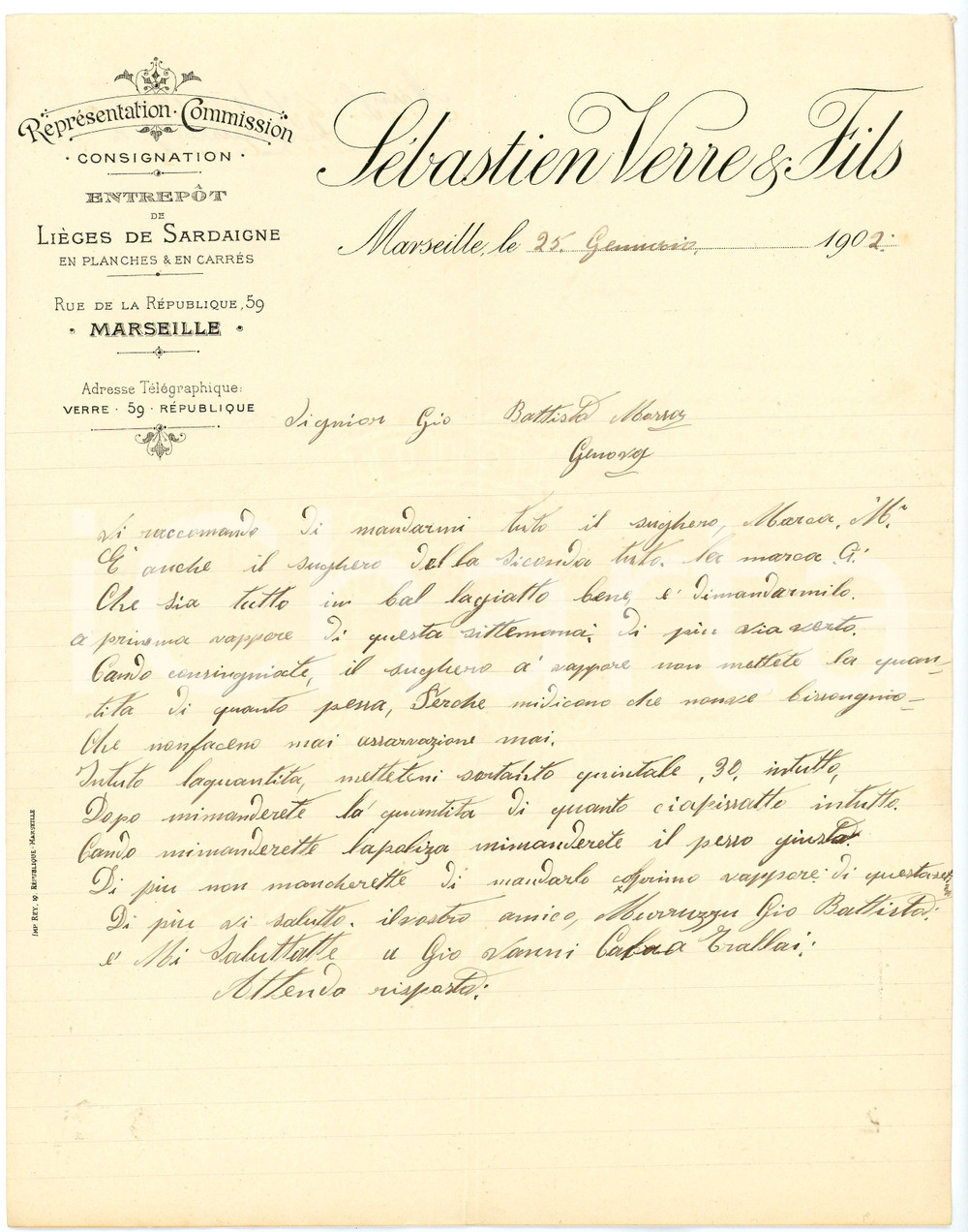Documento originale, autentico 1902 MARSEILLE  SÃ©bastien VERRE & Fils  EntrepÃ´t LiÃ¨ges de Sardaigne Lettera 1