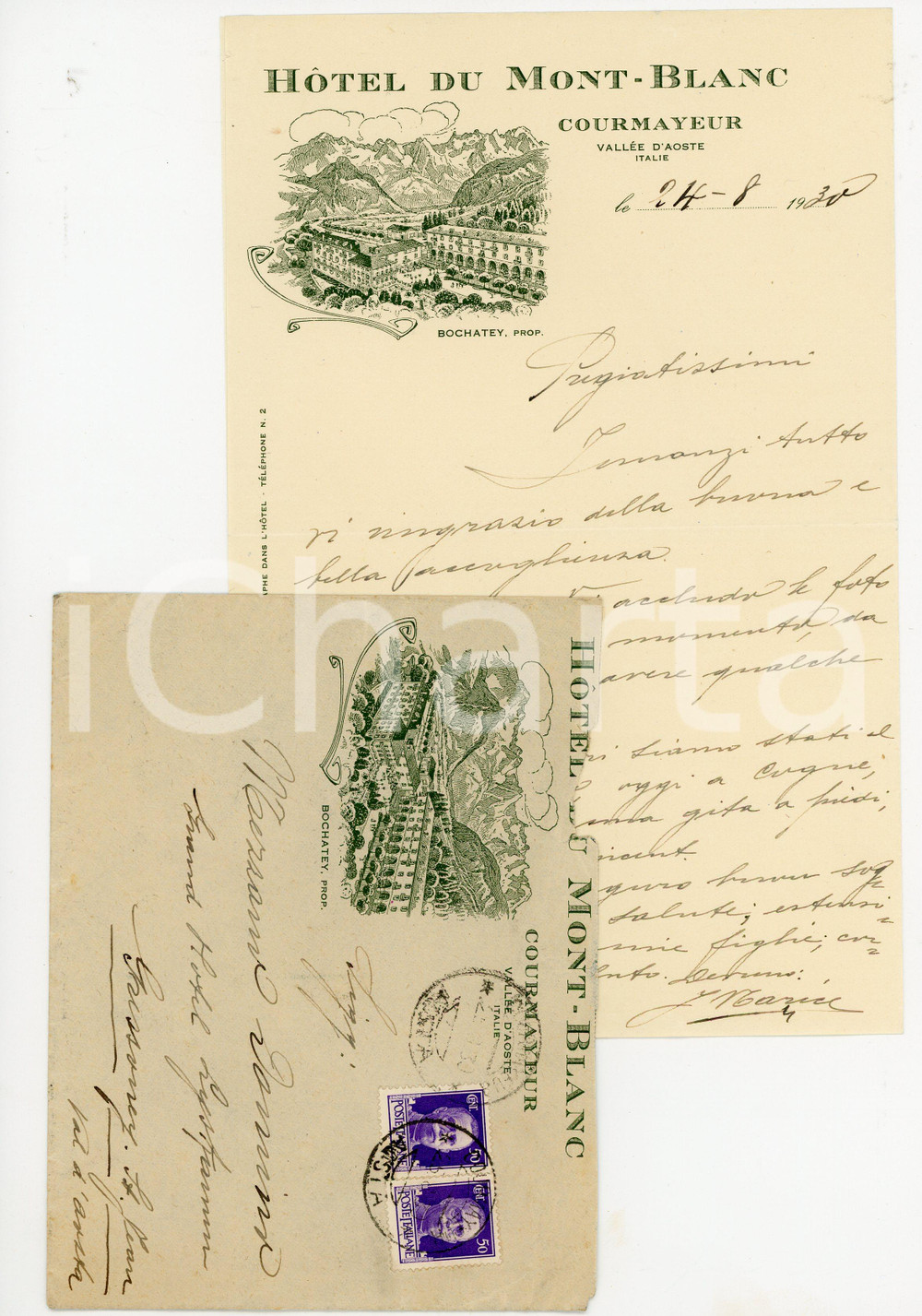 1930 COURMAYEUR - HÔTEL DU MONT- BLANC Lettera su carta intestata illustrata Lettera di contenuto personale, manoscritta, su carta intestata illustrata.Presente busta intestata, illustrata e viaggiata.CONDIZIONI: F (piegature d'epoca).PAGINE: 1    originale e autentica 1