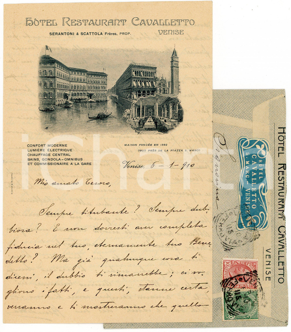 1910 VENEZIA S. MARCO HOTEL Restaurant CAVALLETTO - Carta intestata illustrata Lettera di contenuto personale, manoscritta, su carta intestata illustrata dell'Hotel Restaurant Cavalletto di Serantoni e Scattola.Presente busta intestata, illustrata e viaggiata. CONDIZIONI: F (piegature d'epoca).PAGINE: 4    originale e autentica 1