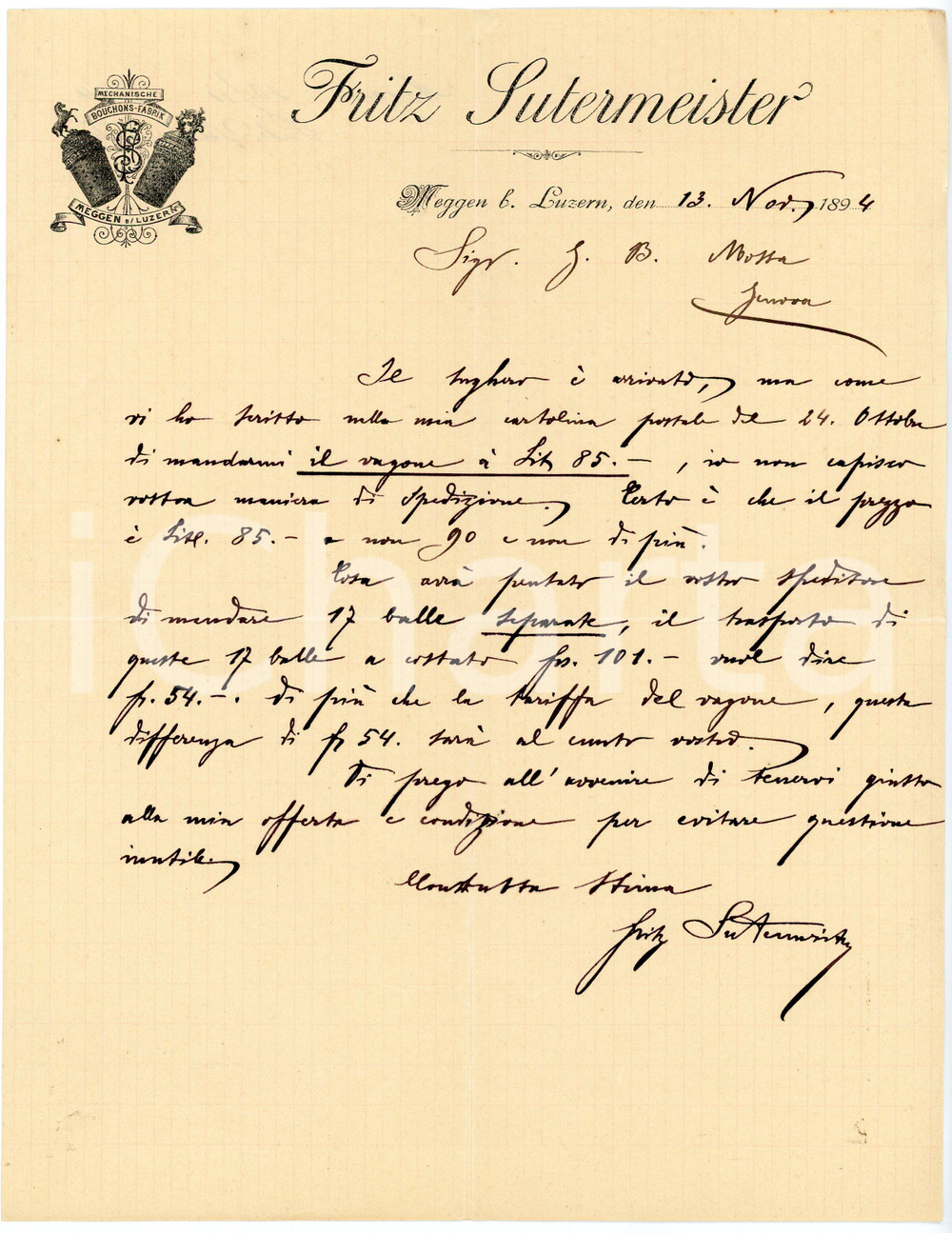 1894 LUZERN - Fritz SUTERMEISTER - Fabrik Bouchons - Lettera carta intestata Lettera commerciale d'epoca, manoscritta, su carta intestata.CONDIZIONI: F (piegature d'epoca)PAGINE: 1    originale e autentica 1