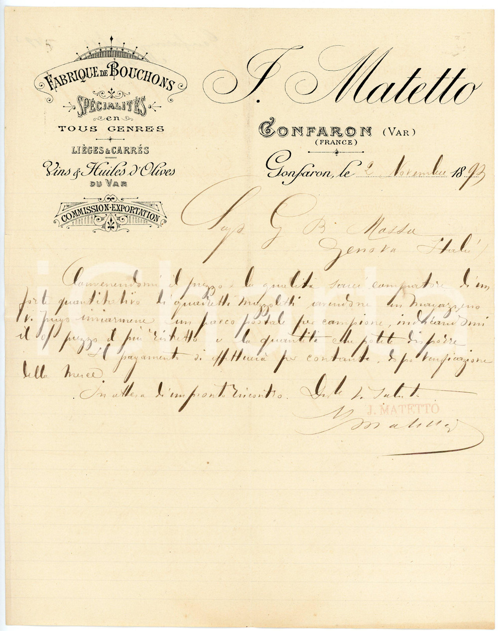 1893 GONFARON (VAR)  - J. MATETTO - Fabrique de Bouchons - Lettre d'affaires Lettera commerciale d'epoca, manoscritta, su carta intestata.CONDIZIONI: F (piegature d'epoca)PAGINE: 1    originale e autentica 1