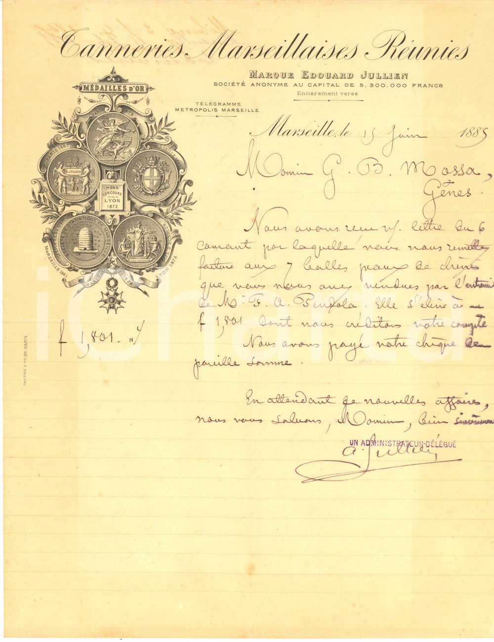 Documento originale, autentico 1885 MARSEILLE Tanneries Marseillaises RÃ©unies  Edouard JULLIEN  Lettre entÃªte 1