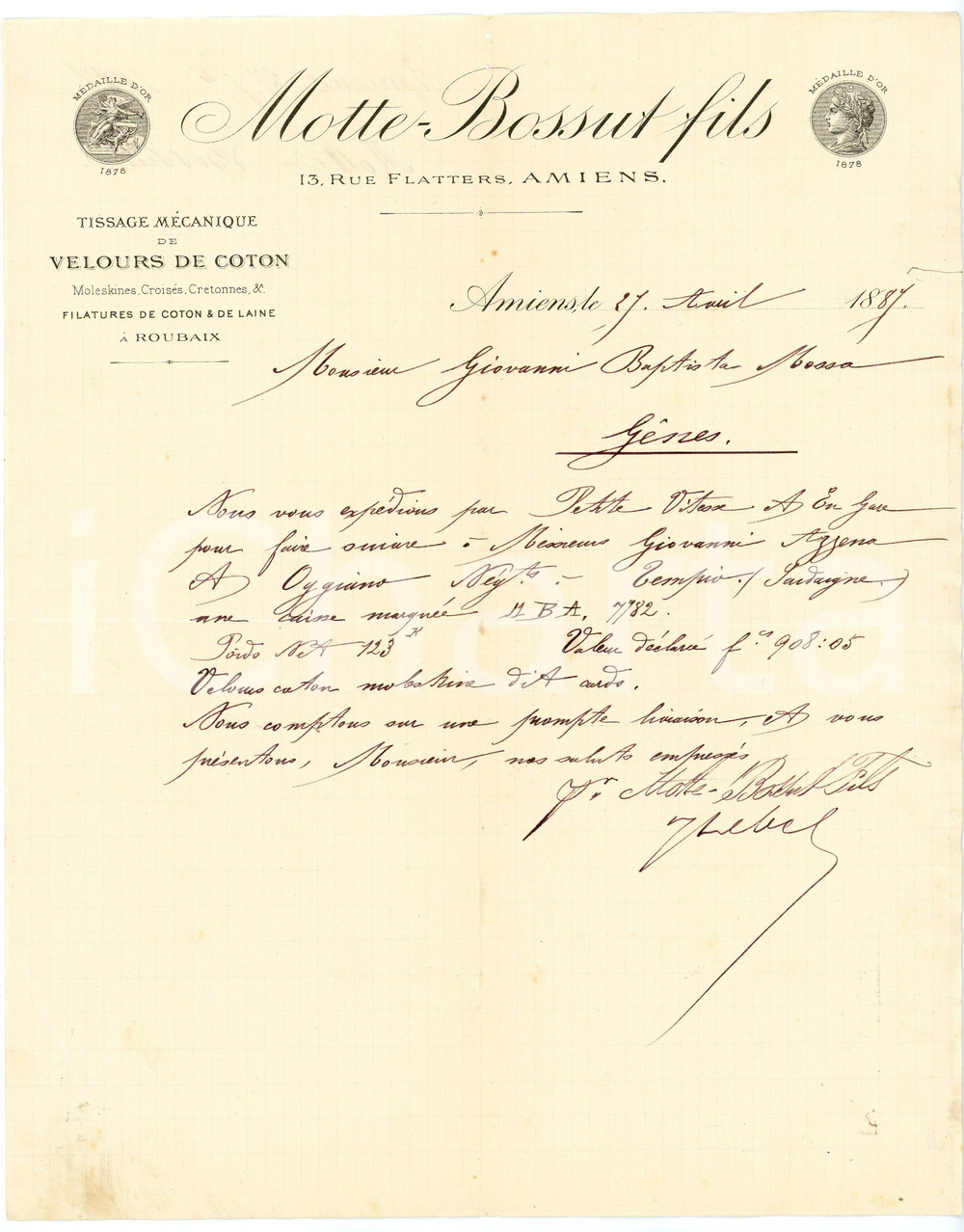 1887 AMIENS (F) MOTTE-BOSSUT Fils - Tissage velours de coton - Lettre entête Lettera commerciale d'epoca, manoscritta, su pregevole carta intestata.Amiens - 13, rue FlattersCONDIZIONI: F (piegature d'epoca).PAGINE: 1    originale e autentica 1