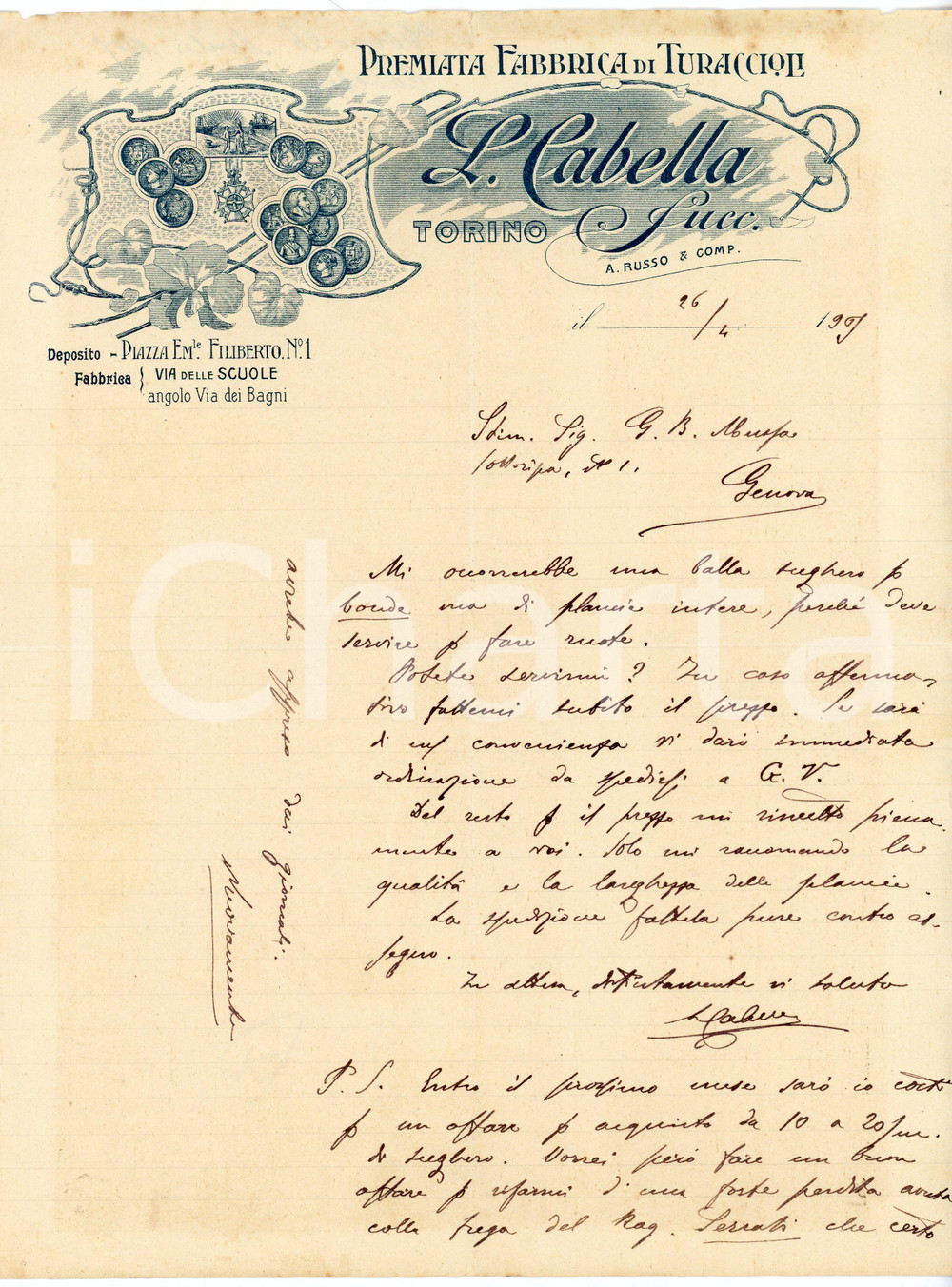 1909 TORINO - L. CABELLA Succ. A. Russo & Comp. - Fabbrica turaccioli *Lettera Lettera commerciale d'epoca, manoscritta, su carta intestata, illustrata.Torino - via delle ScuoleCONDIZIONI: P (piegature d'epoca, lievi strappi e fioriture alla parte superiore)PAGINE: 1    originale e autentica 1