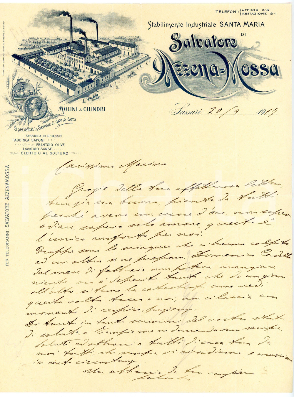1917 SASSARI SANTA MARIA- Salvatore AZZENAMOSSA - Molini e semole Lettera personale d'epoca, manoscritta, su carta intestata, illustrata.CONDIZIONI: F (piegature d'epoca)PAGINE: 1    originale e autentica 1