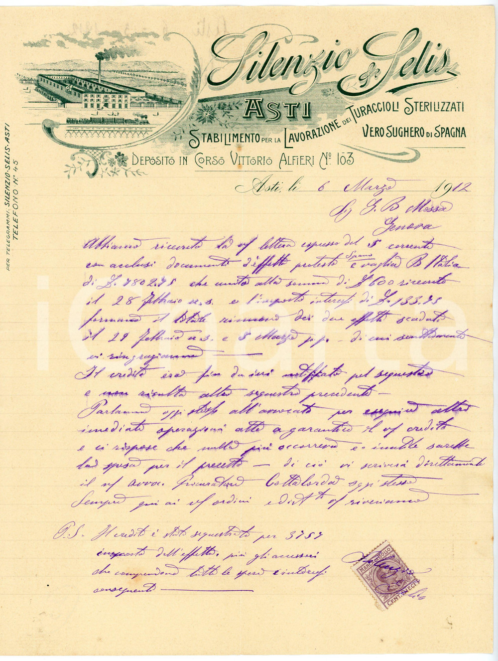 1912 ASTI - SILENZIO & SELIS - Lavorazione turaccioli *Lettera commerciale Lettera commerciale d'epoca, manoscritta, su carta intestata illustrata.Asti - corso Vittorio Alfieri n. 103Presente marca da bollo.CONDIZIONI: F (piegature d'epoca e minime fioriture)PAGINE: 1    originale e autentica 1