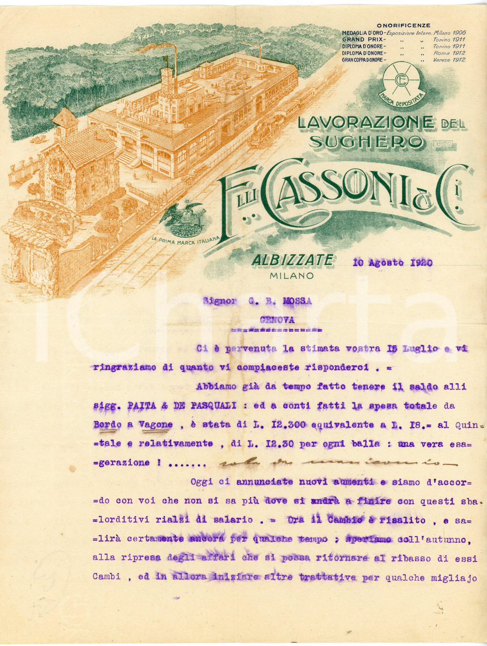 1920 ALBIZZATE (MI) F.lli CASSONI & C.i - Lavorazione del sughero *Lettera Lettera commerciale d'epoca, dattiloscritta, su carta intestata illustrata.Incompleta della seconda pagina.CONDIZIONI: F (piegature d'epoca, ingiallimento e sbavatura dell'inchiostro)PAGINE: 1    originale e autentica 1