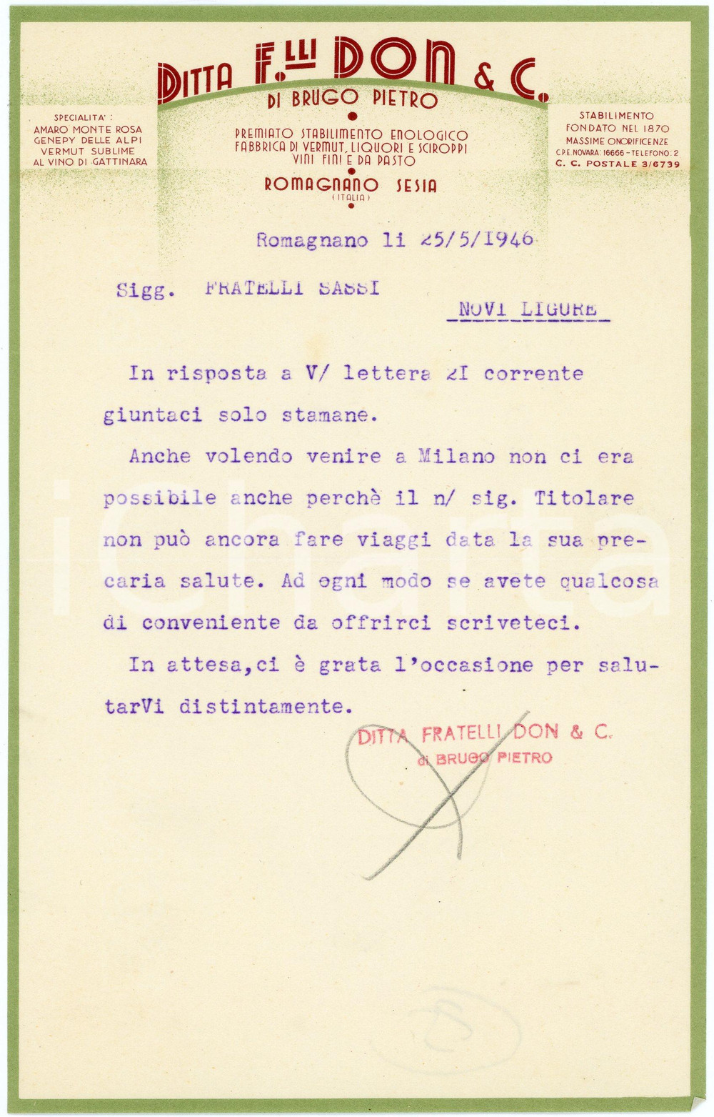 1946 ROMAGNANO SESIA - F.lli Don & C. di Pietro BRUGO - Stabilimento enologico Lettera commerciale d'epoca, dattiloscritta, su carta intestata.CONDIZIONI: F (piegature d'epoca)PAGINE: 1    originale e autentica 1