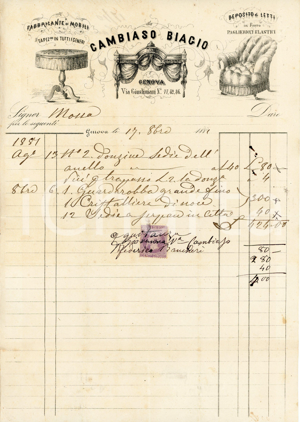 1881 GENOVA - Biagio CAMBIASO - Fabbricante di mobili e tappezziere - Fattura Fattura commerciale d'epoca, manoscritta, su carta intestata.Presente marca da bollo.Genova - via Giustiniani n. 77, 82, 86CONDIZIONI: F (piegature d'epoca, piccola sbrecciatura e macchie al lato inferiore)PAGINE: 1    originale e autentica 1