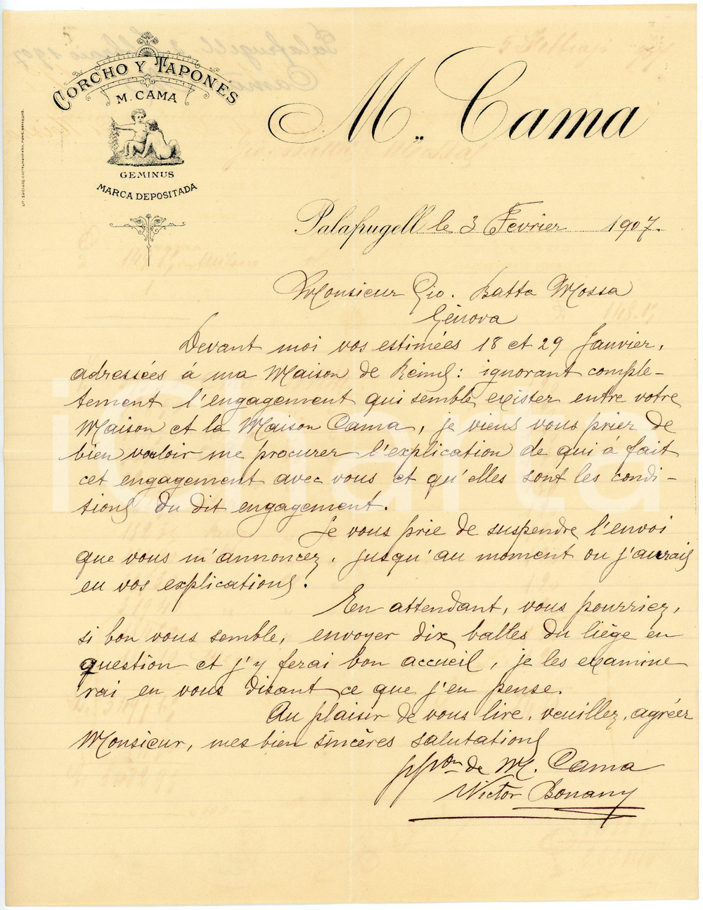 1907 PALAFRUGELL (ESPAÑA) M. CAMA Corcho y tapones -  Letterhead Lettera commerciale d'epoca, manoscritta, su carta intestata.CONDIZIONI: F (piegature d'epoca).PAGINE: 1    originale e autentica 1