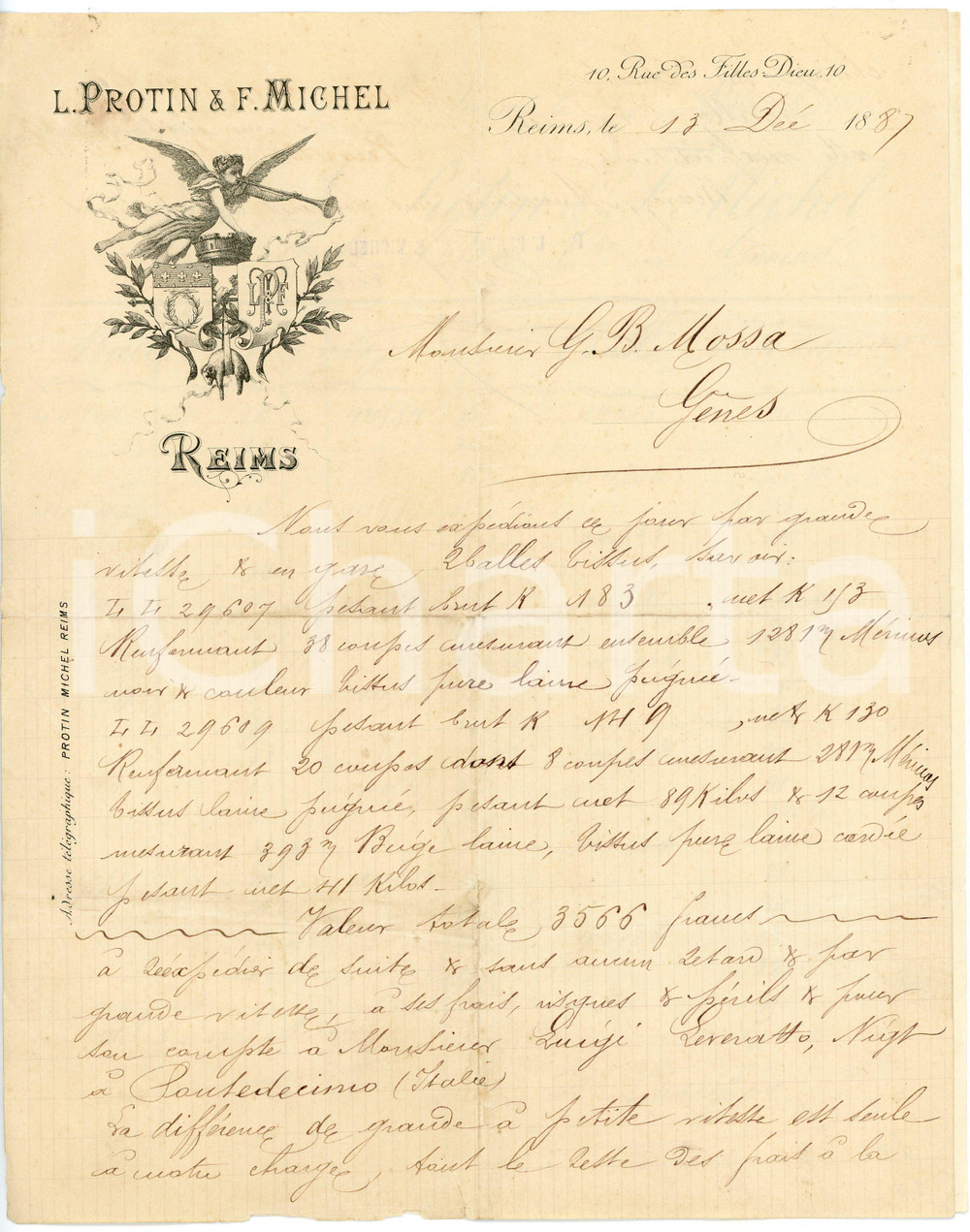 1887 REIMS (F) L. PROTIN & F. MICHEL - Envoi balles tissus - Lettre entête Lettera commerciale d'epoca, manoscritta, su carta intestata.Reims - 10, rue des Filles DieuCONDIZIONI: F (piegature d'epoca; piccoli strappi al margine inferiore).PAGINE: 2    originale e autentica 1