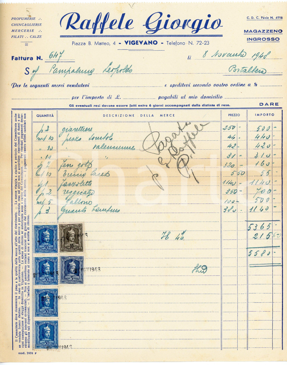 1948 VIGEVANO - Giorgio RAFFELE - Profumerie e mercerie - Fattura intestata Fattura commerciale d'epoca, manoscritta, su carta intestata.Vigevano - Piazza B. Matteo, 4Presenti marche da bollo.CONDIZIONI: F (piegature d'epoca)PAGINE: 1    originale e autentica 1