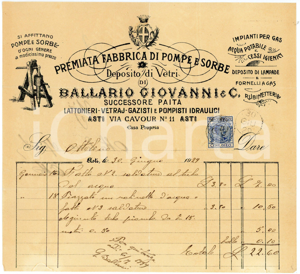 1929 ASTI - Giovanni BALLARIO - Lattoniere, vetraio - Fattura intestata Fattura commerciale d'epoca, su carta intestata, manoscritta.Asti - via Cavour 11.Presente marca da bollo.CONDIZIONI: F (piegature d'epoca, piccole macchie al lato inferiore)PAGINE: 1    originale e autentica 1