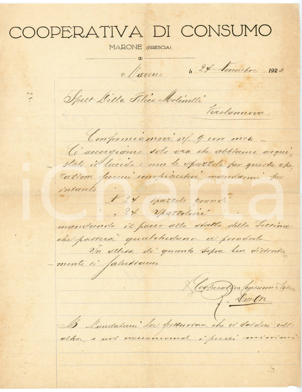 1920 MARONE (BS) - Cooperativa di Consumo - Lettera intestata Lettera commerciale d'epoca, manoscritta, su carta intestata.Marone (Brescia)CONDIZIONI: P (piegature d'epoca, lieve ingiallimento centrale con piccole fioriture, piccolo strappo sul lato destro in corrispondenza della linea di piegatura)PAGINE: 1    originale e autentica 1