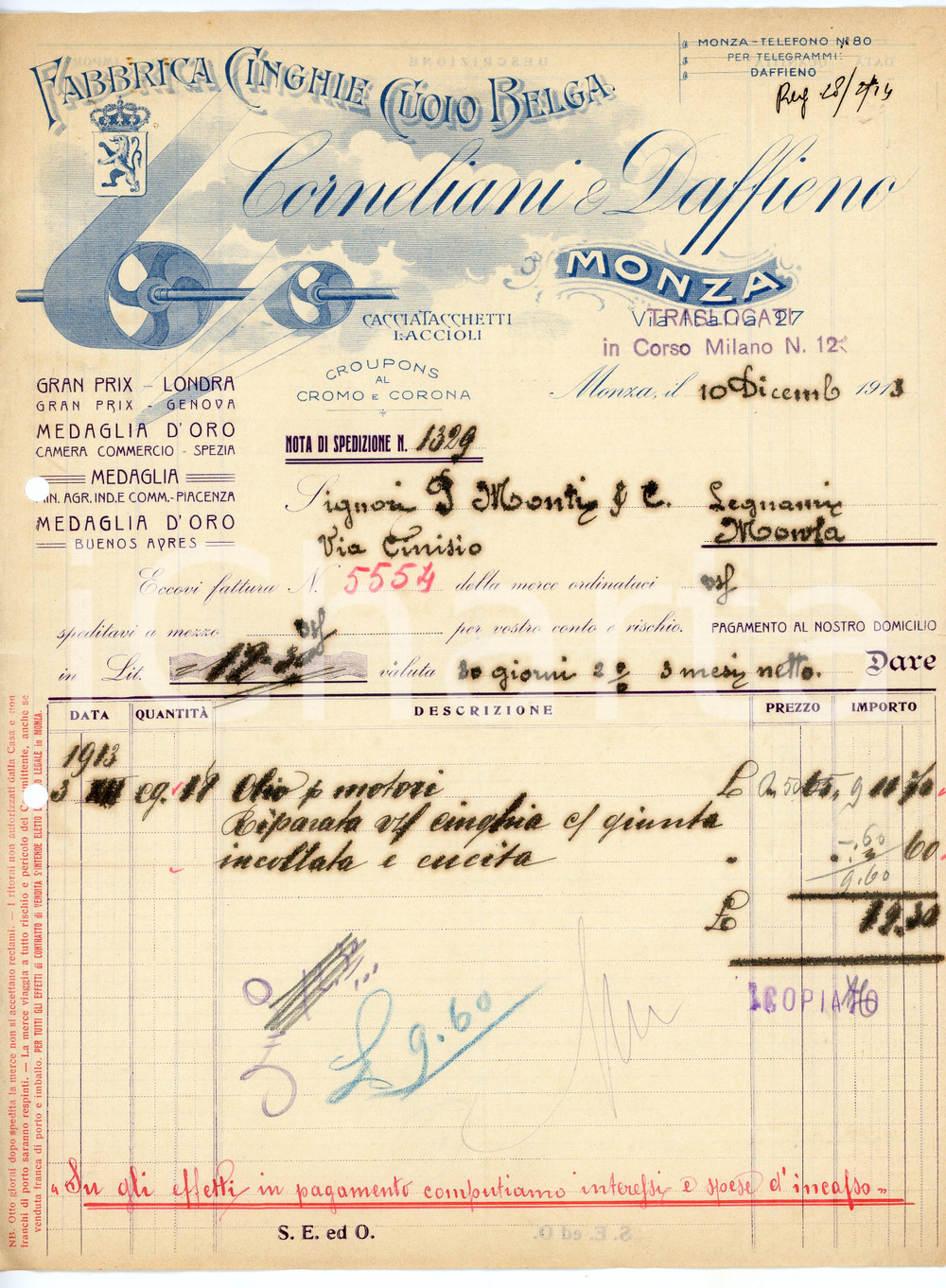 1913 MONZA - CORNELIANI E DAFFIENO - Fabbrica di cinghie di cuoio belga *Fattura Fattura commerciale d'epoca, manoscritta, su carta intestata.Monza - Corso Milano n. 12CONDIZIONI: P (piegature d'epoca, fori da classificatore al lato sinistro, piccolo strappo all'angolo superiore destro e lungo la piegatura centrale)PAGINE: 1    originale e autentica 1