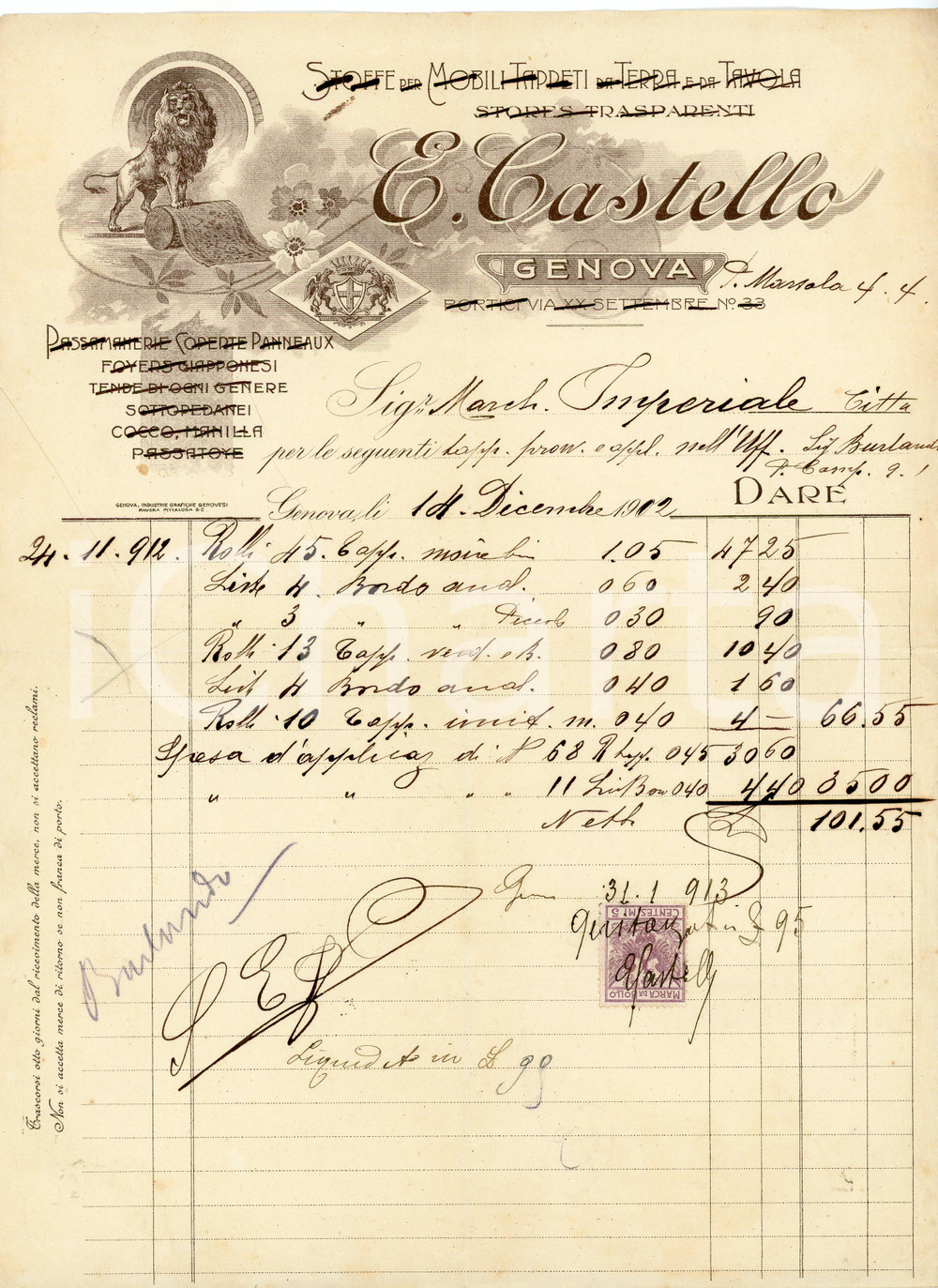 1902 GENOVA - E. CASTELLO - Stoffe e passamanerie *Fattura su carta intestata Fattura commerciale d'epoca, manoscritta, su carta intestata.Presente marca da bollo.Genova - via XX Settembre 33.CONDIZIONI: F (piegature d'epoca)PAGINE: 1    originale e autentica 1