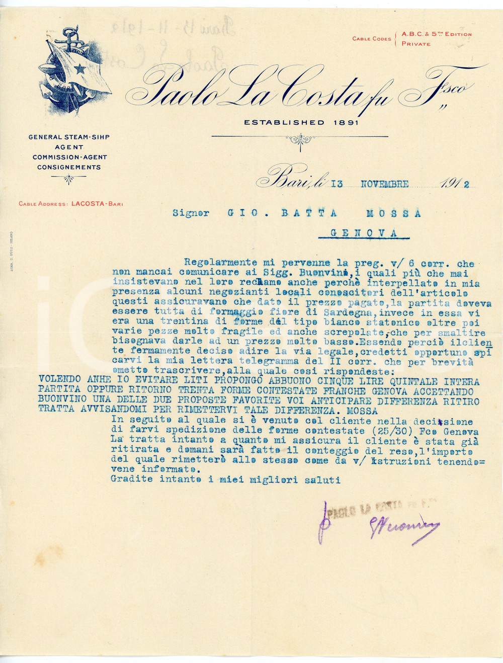 1912 BARI - Paolo LA COSTA - General steam-ship agent - Lettera commerciale Lettera commerciale d'epoca, dattiloscritta, su carta intestata.CONDIZIONI: F (piegature d'epoca)PAGINE: 1    originale e autentica 1